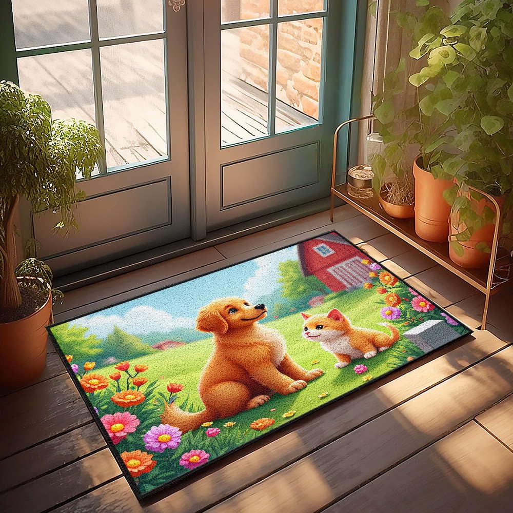 Tapis de bienvenue extérieur pour entrée de jardin fleuri avec chien et chat