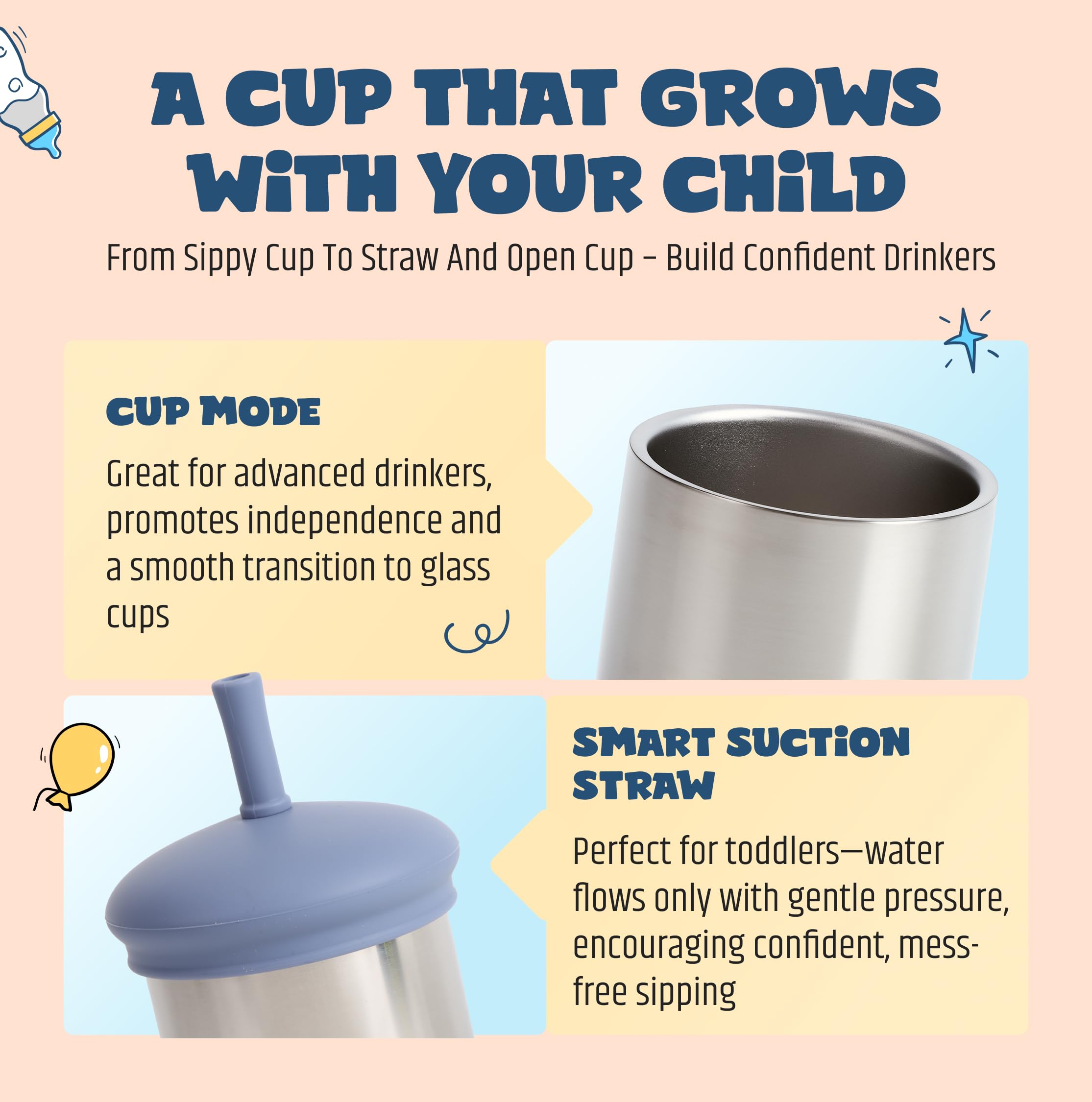 Jumble Dream Stainless Steel Toddler Straw Sippy Cup 210ml, Double Wall Insulated Spill Proof Open Cup and Straw - Image 4
