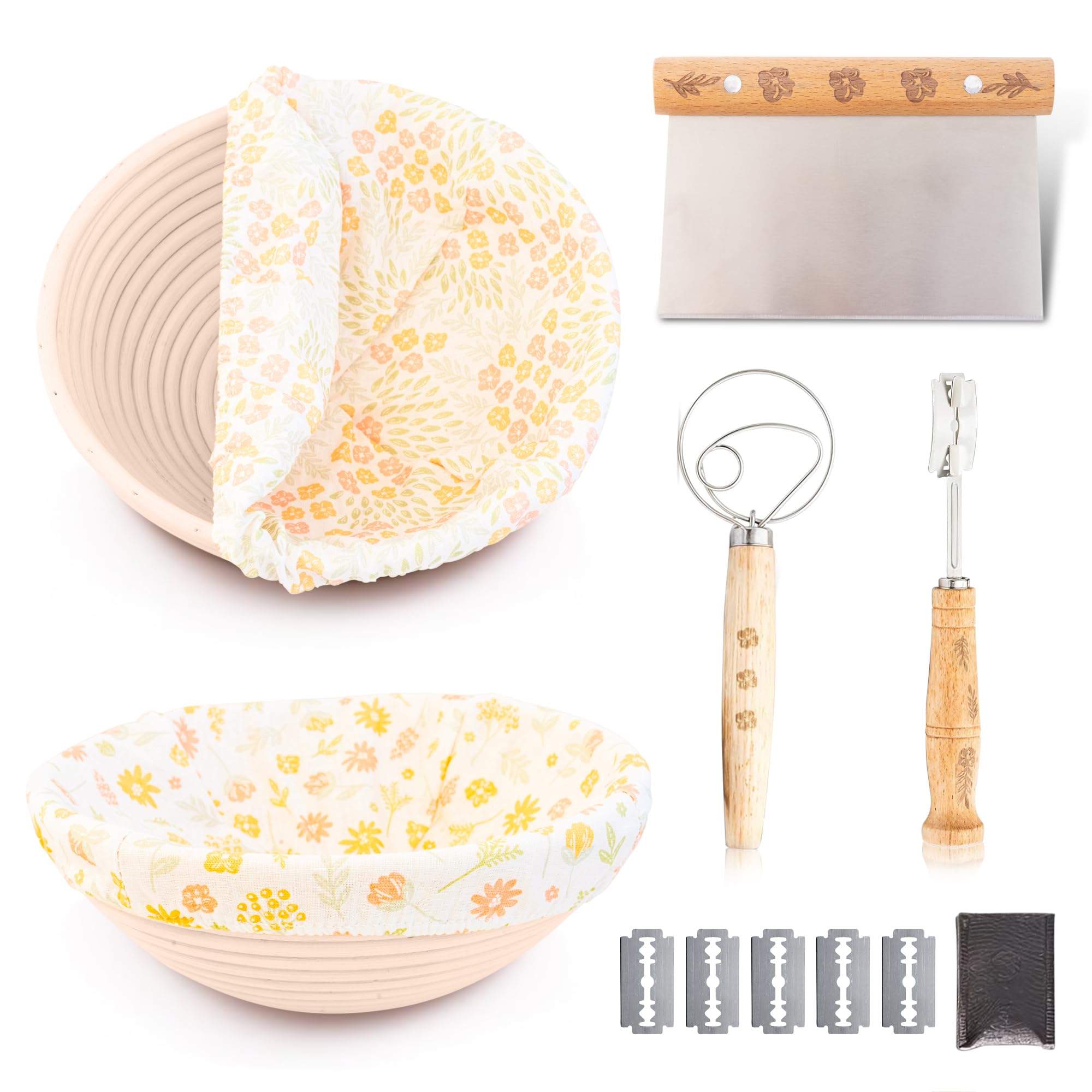 Banneton Bread Proofing Basket Set of 2 Round 9 Inch with Bread Lame | Dough Scraper | Dough Whisk | Bowls Cover | Sourdough Kit | Bread Making Tools Gift for Mother, Wife and Bakers