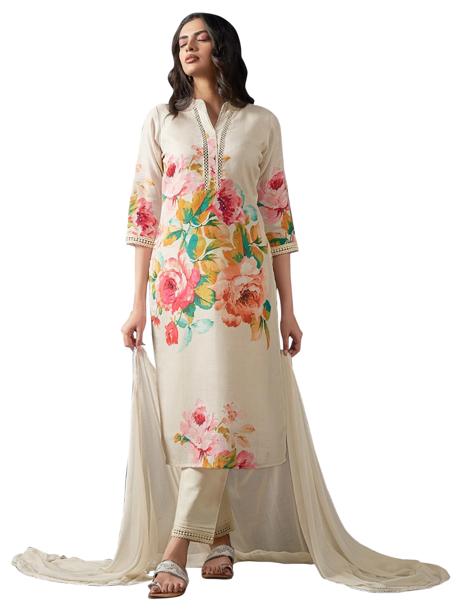 Women's Linen Printed Straight Kurta and Pant with Dupatta Set(KH9OW7981)-image-15