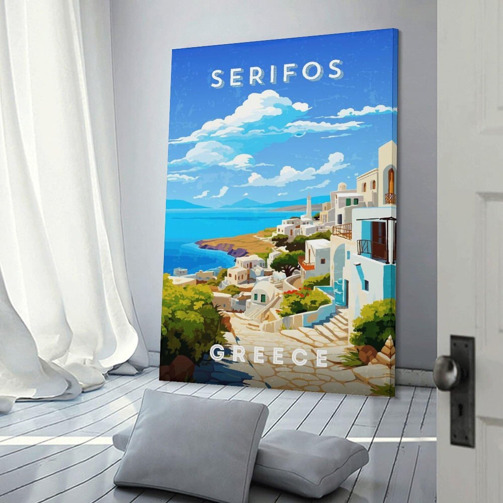 Junmoney Greece Serifos Hanging Wall Art 24x36inch(60x90cm), for Study, Office Or Focused Interiors, Wall Art That Adds Style to Work Areas