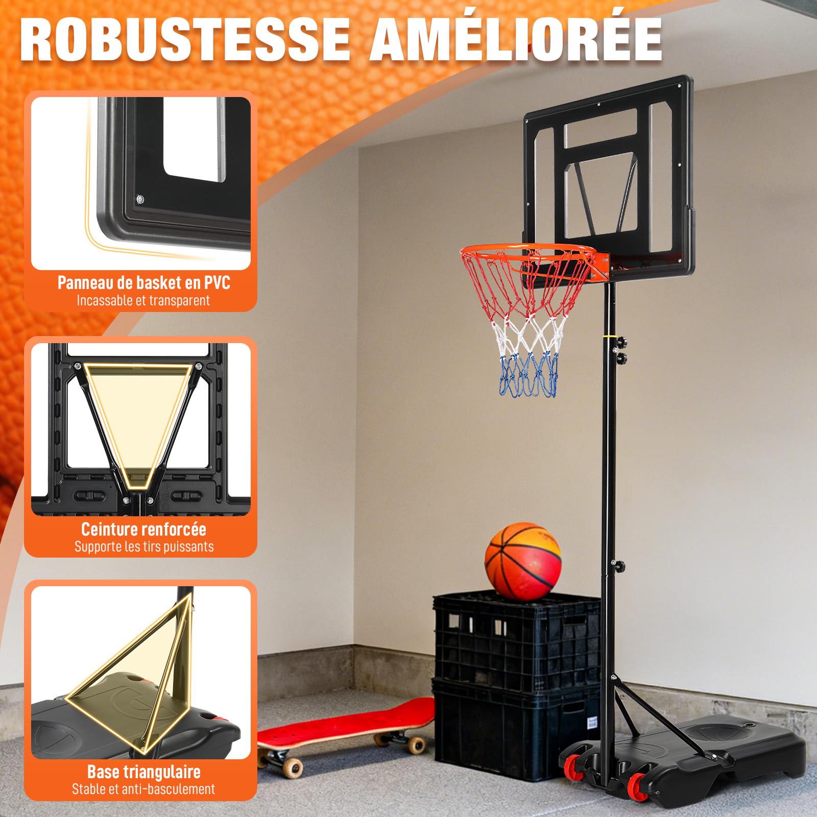 LEADZM Panier de Basketball Extérieur avec Support et roulettes, 2 Filets, pour Enfants et Adolescent, Support de Basketball pour Jardin et Cour, Hauteur Réglable de 155-210 cm (Noir)