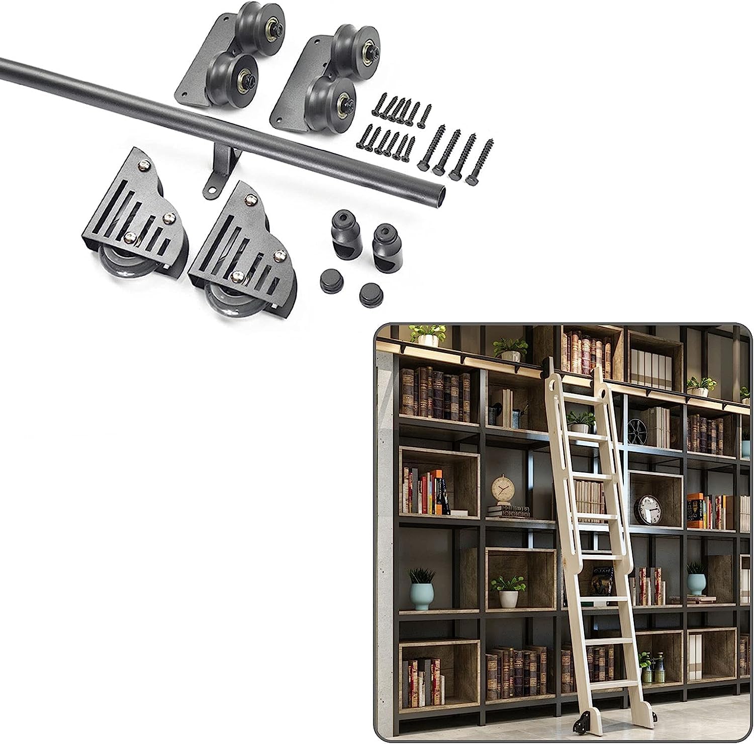 Kit rail pour échelle de bibliothèque coulissante pour optimiser votre salon ou bureau