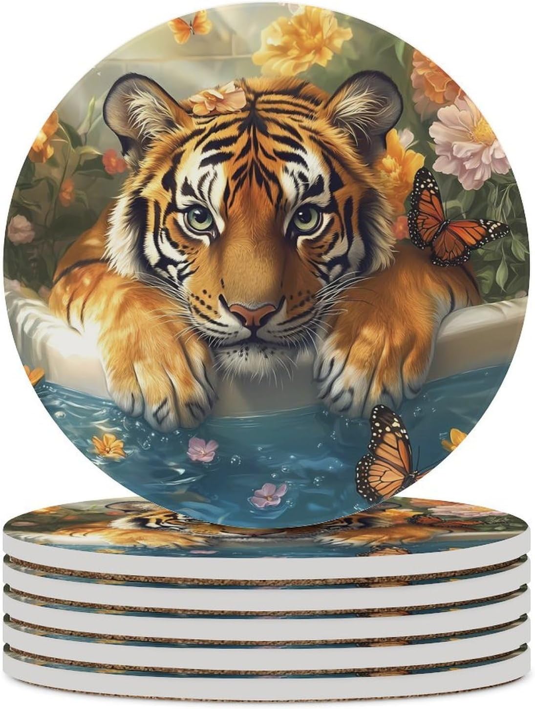 Funny Bathroom Tiger in Bathtub Coasters for Drink Round Ceramic Coaster with Cork Base Home Decorative 6PCS