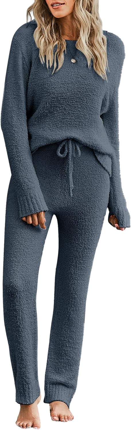 luvamia Women's Casual Pajama Set Fuzzy Fleece Knitted Long Sleeve Pj Loungewear