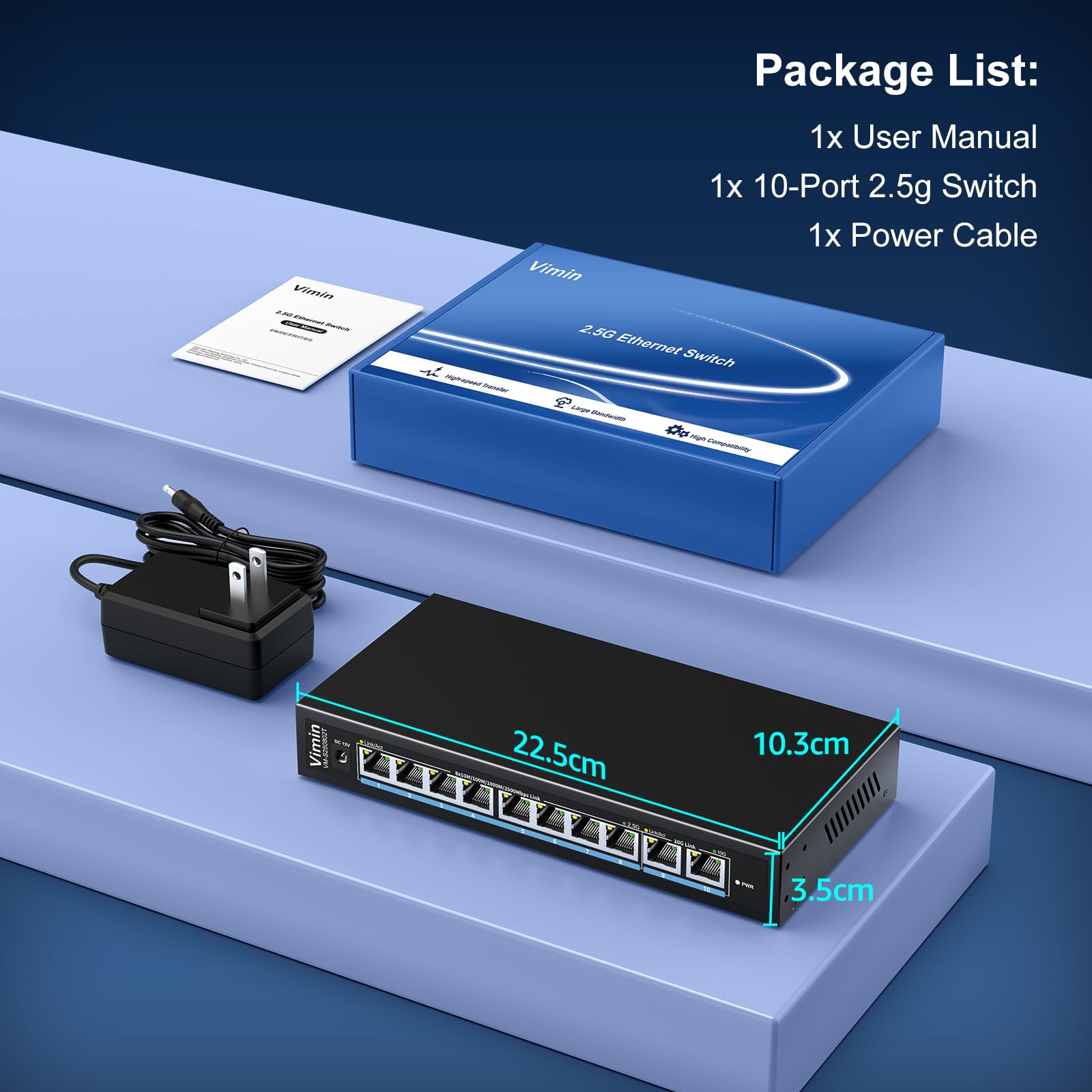 10 Port 10G/2.5G Ethernet-Switch mit Dual 10GBASE-T, Vimin 8x 2.5G + 2 x 10Gb RJ45 Ports Unmanaged Switch, 80 Gbit/s Kapazität, 10G Switch Desktop Wandmontage-Netzwerk-Switch für NAS, PC, Access Point