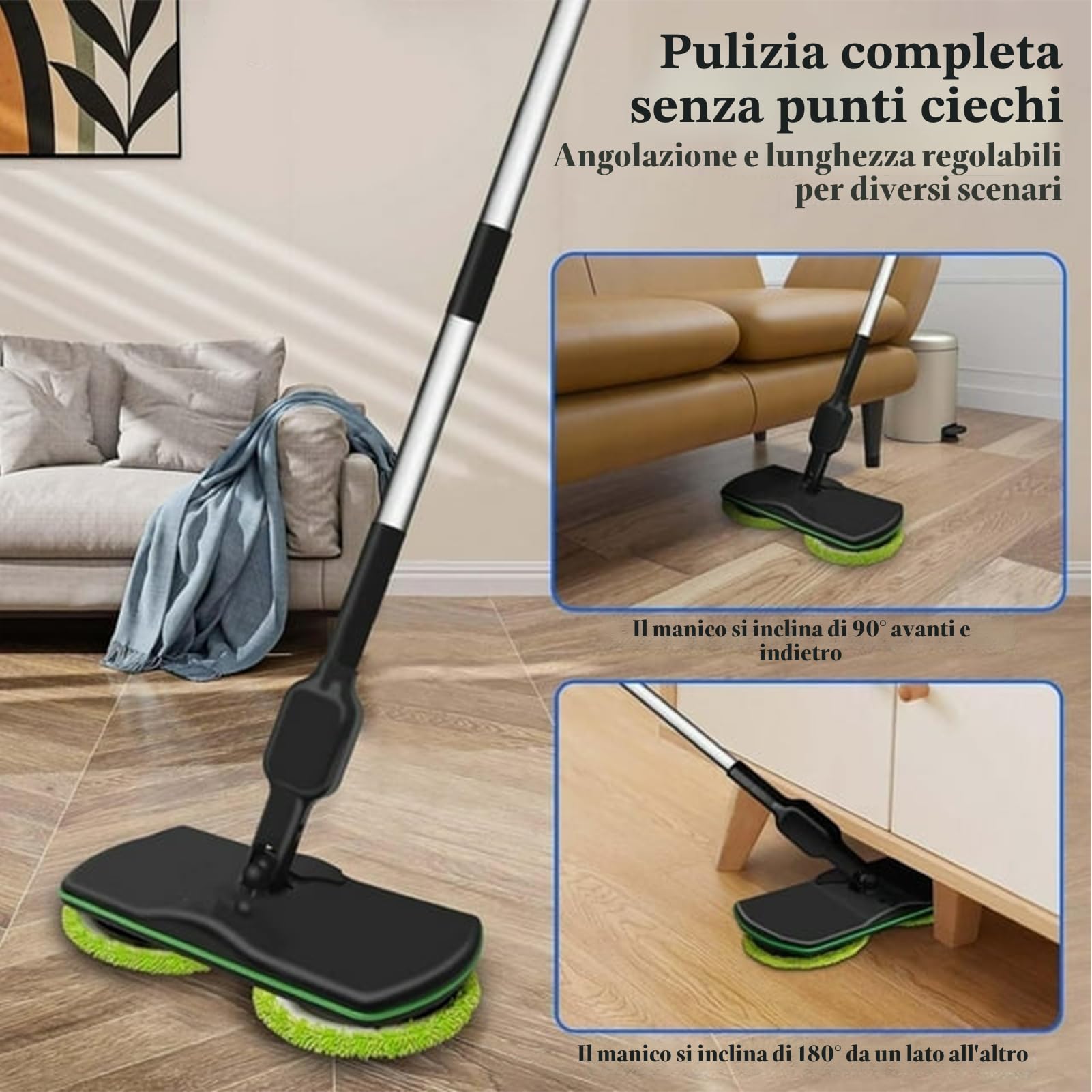 Lavapavimenti elettrico, mocio rotante ricaricabile senza fili, pulitore e lucidatrice per pavimenti duri con microfibra e cuscinetti lucidanti per laminato, legno e piastrelle