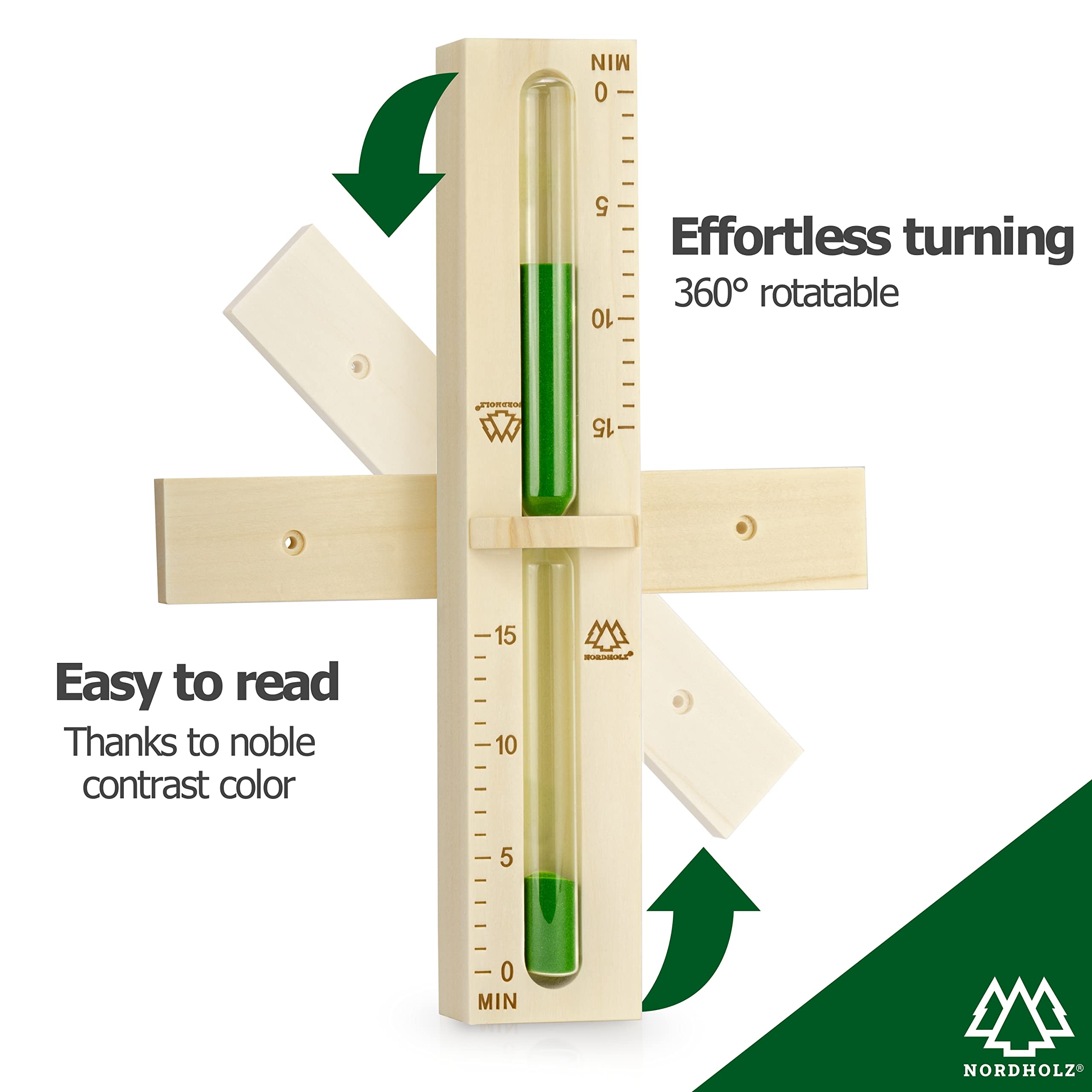 Sablier de sauna de 15 minutes en épicéa 100% nordique avec verre robuste résistant à la chaleur et couleur contrastante vert foncé + 2 vis en acier inoxydable - Accessoires sauna haute qualité