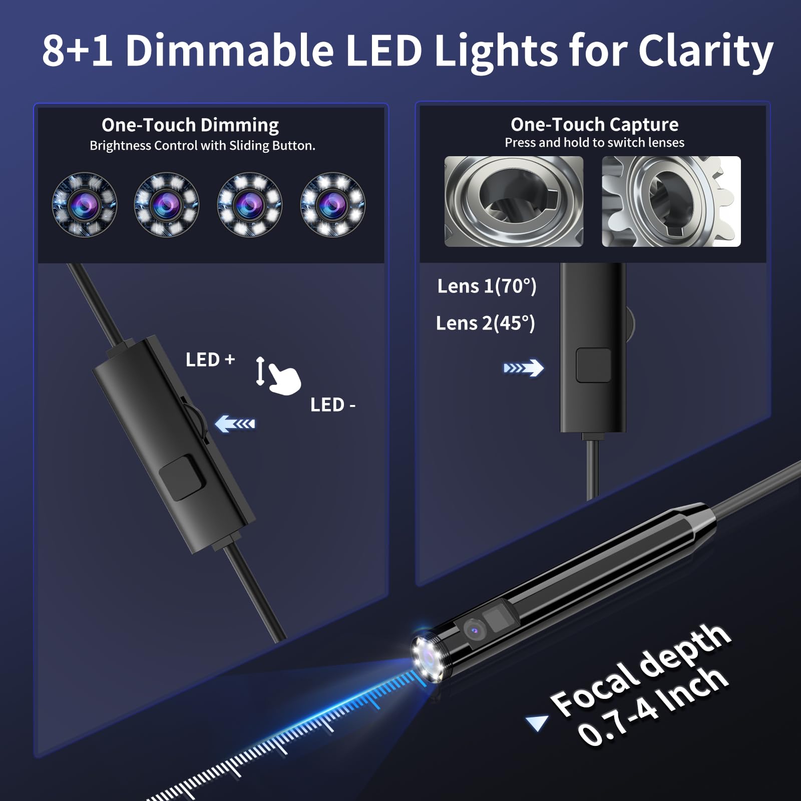 Telecamera endoscopica con luce, 1920P HD, periscopio con 8 LED regolabili, IP67, impermeabile, cavo a serpente semirigido per Android, iPhone e iPad (10 m, doppia lente)