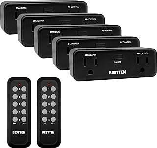 BESTTEN Remote Control Outlet Plug, Wireless Power Switch Combo Kit (5 Wall Outlets + 2 Remotes), Each Outlet Contains 1 Always-ON & 1 RF Control Socket, cETL/FCC Listed, Black