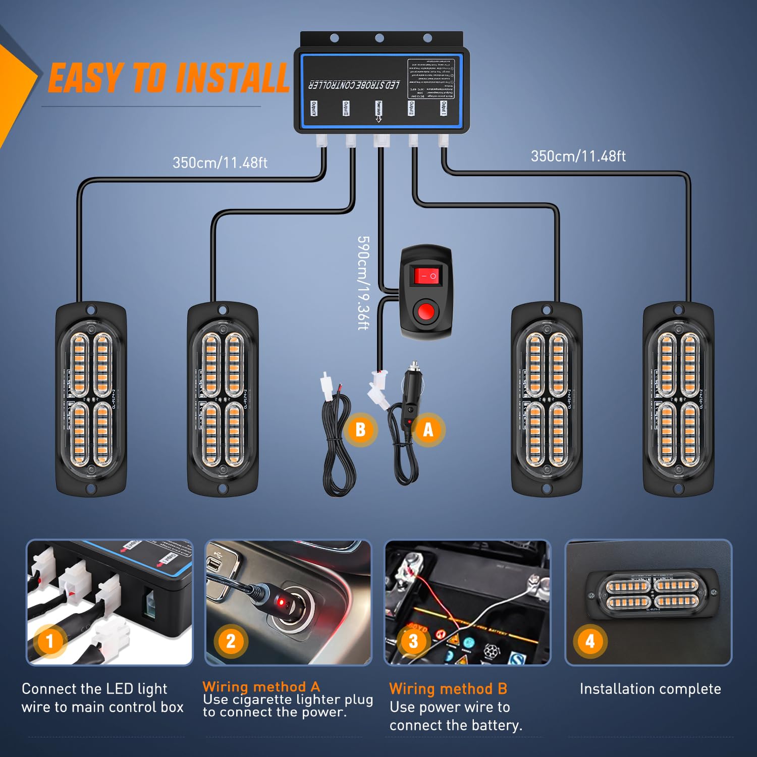 Nilight Juego de 4 luces LED de advertencia 12 V 24 V función de sincronización ámbar 24 LED luces de emergencia con controlador arnés de cables o encendedor de cigarrillos para coche, camión