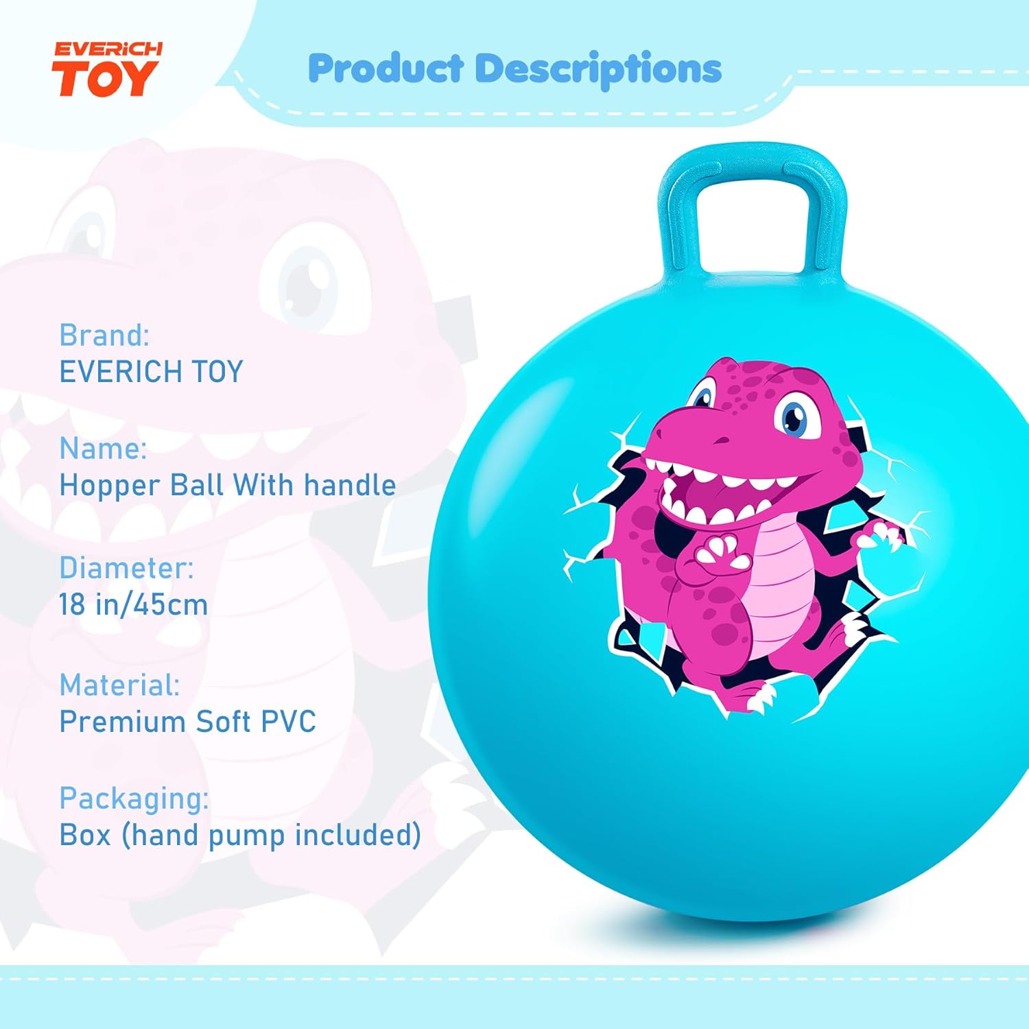 Hopper Ball for Kids 4-8, 18In Dinosaur Hoppity Hop Ball, Sit On Bouncy Balls with Handle, Indoor Outdoor Easter Basket Stuffers Hopping Toys Gifts for Boys Girls