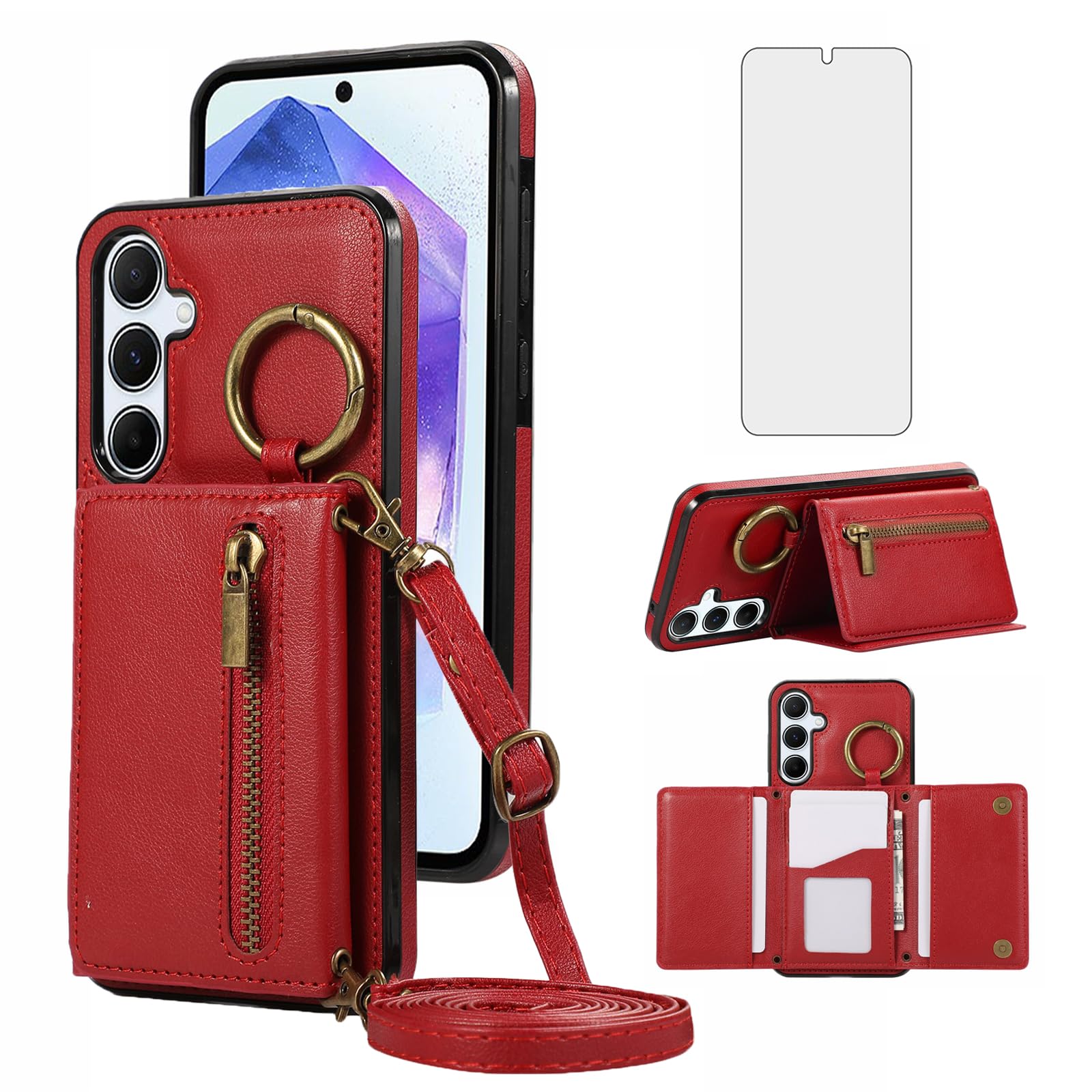 Asuwish Compatible with Samsung Galaxy A16 5G/4G Wallet Case with Tempered Glass Screen Protector and Crossbody Shoulder Strap Buckle Card Holder Cell