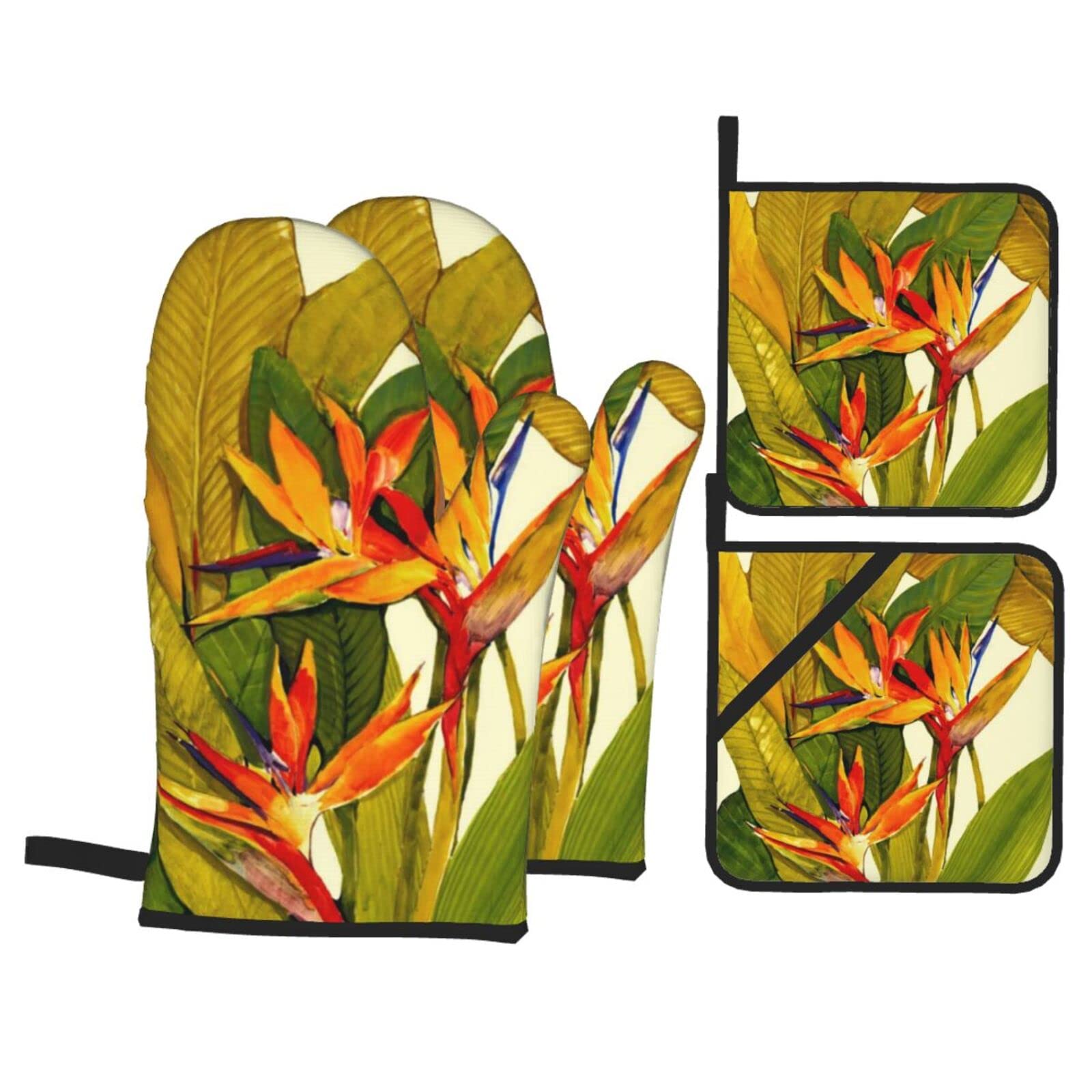Tropical Bird of Paradise Print Kitchen Baking Four Piece Set of Heat Resistant Thick Cotton Oven Mitts for Cooking, Baking and Grilling