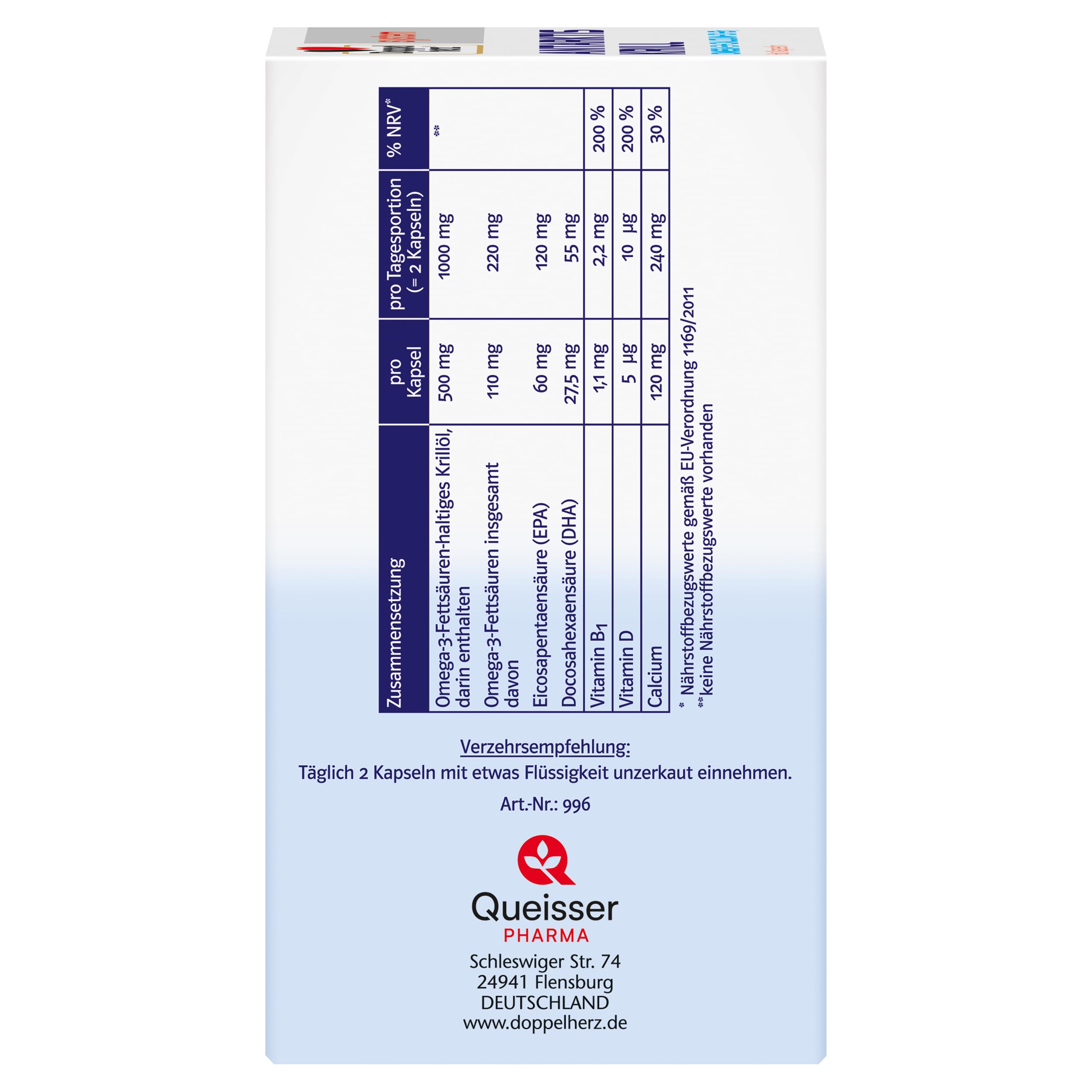 Doppelherz system ANTARKTIS KRILL Omega-3 + Calcium + D + B1 – Herzfunktion & Immunsystem – Omega-3-Fettsäuren EPA/DHA als Beitrag zur normalen Herzfunktion – 60 Kapseln