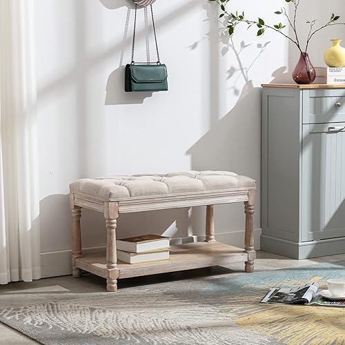 Miniatura 13 de Banco de almacenamiento de madera para entrada, banco otomano tapizado de lino con botones con patas negras para dormitorio, extremo de la cama, 45