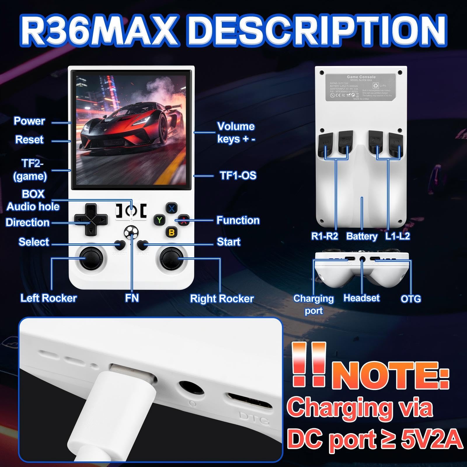 Rhesusco R36MAX Retro Video Game Console - Portable Console with 4.0-Inch HD Screen,128G TF Card,Support 22000+Classic Games,Open Source System,4000mAh Battery,Birthday Gift for Adults-White — view 6
