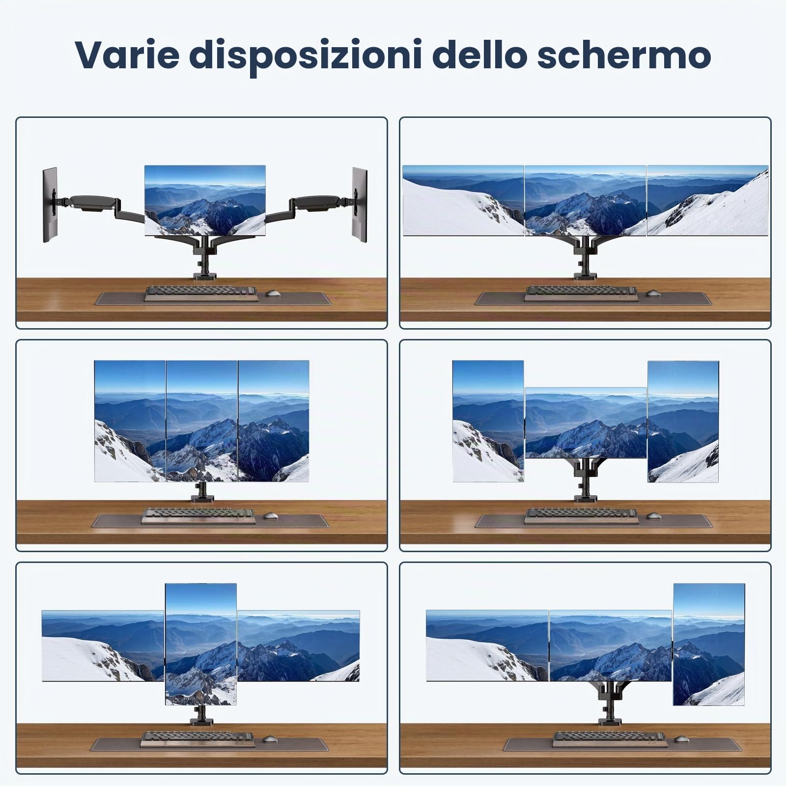 Supporto per monitor 3 monitor, WORLDLIFT Premium in alluminio Supporto per 3 monitor per schermi LCD LED da 17“-27”, supporto da tavolo regolabile in altezza, 7 kg/braccio, vesa 75/100 mm