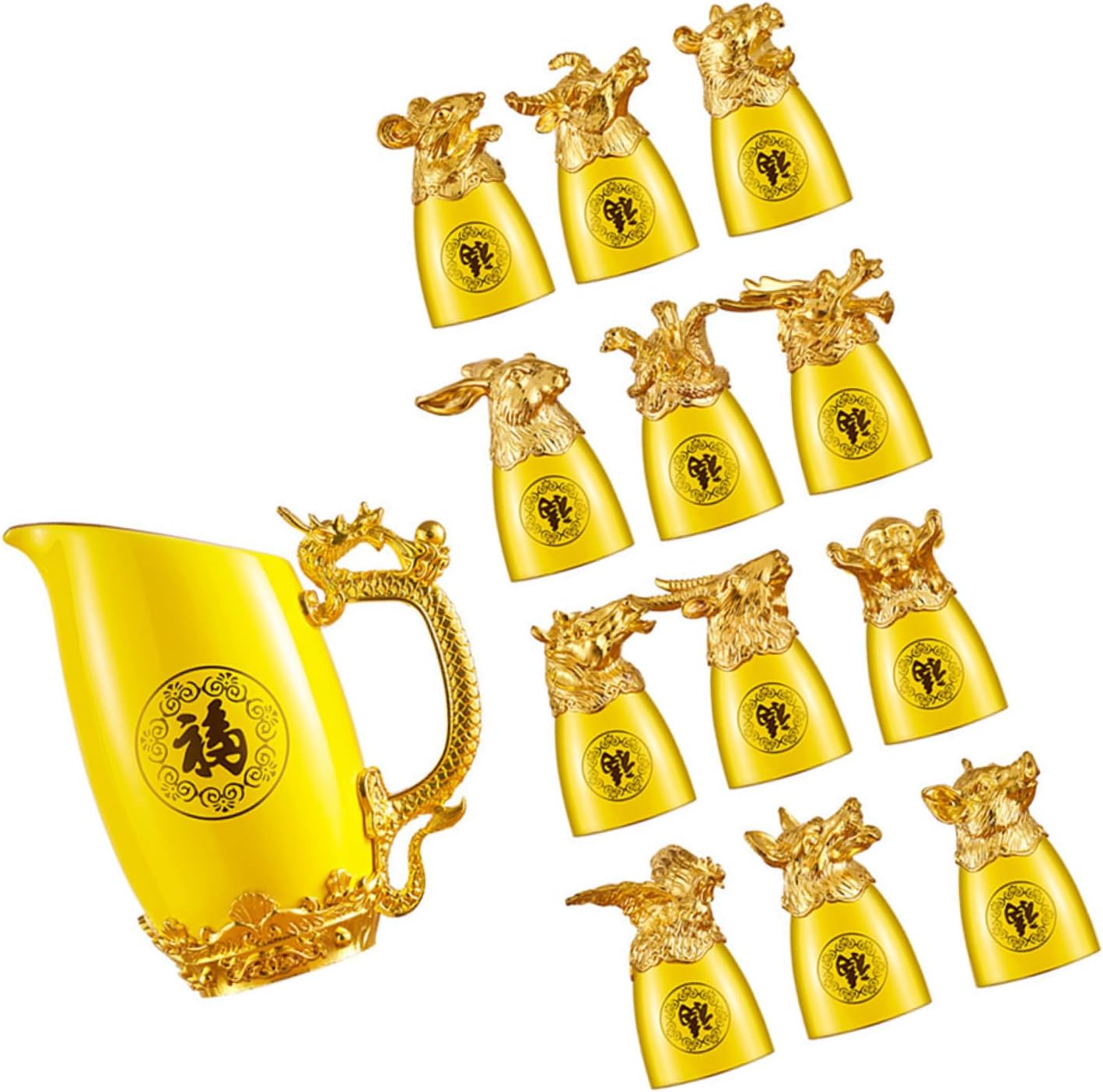Twelve Chinese Zodiac Ceramic Liquor Cups Set Gold-plated Spirits Pot, Yellow Porcelain Drinkware Kit for Home Bar and Luxury Entertaining