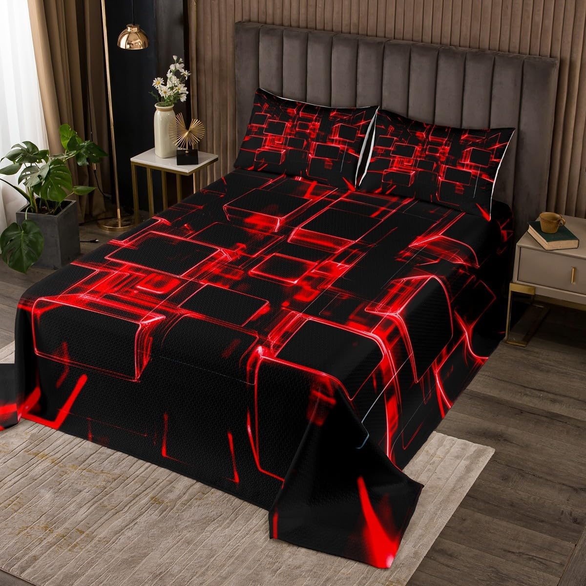 Erosebridal Fire Red and Black Kids Quilt Set King, Modern Geometric Square Bedspreads for Boys Girls Gradient Neon Light Honeycomb Coverlet Set with 2 Pillowcases