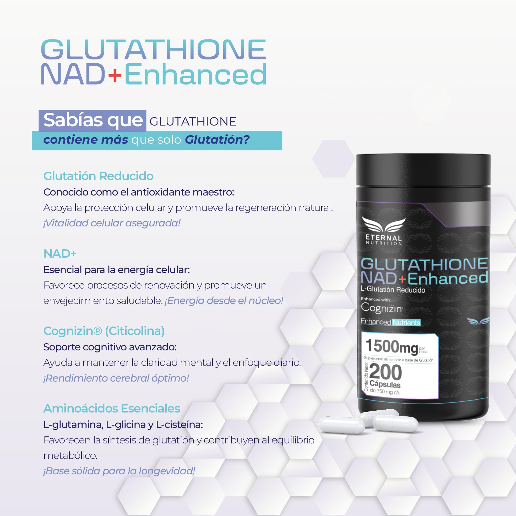 nad y glutathione ETERNAL NUTRITION L-Glutatión con NAD+ (200 Cápsulas) | + Cognizin Citicolina y Aminoácidos | 100 Porciones · 1500 mg | Antioxidante, Desintoxicación y Salud Celular