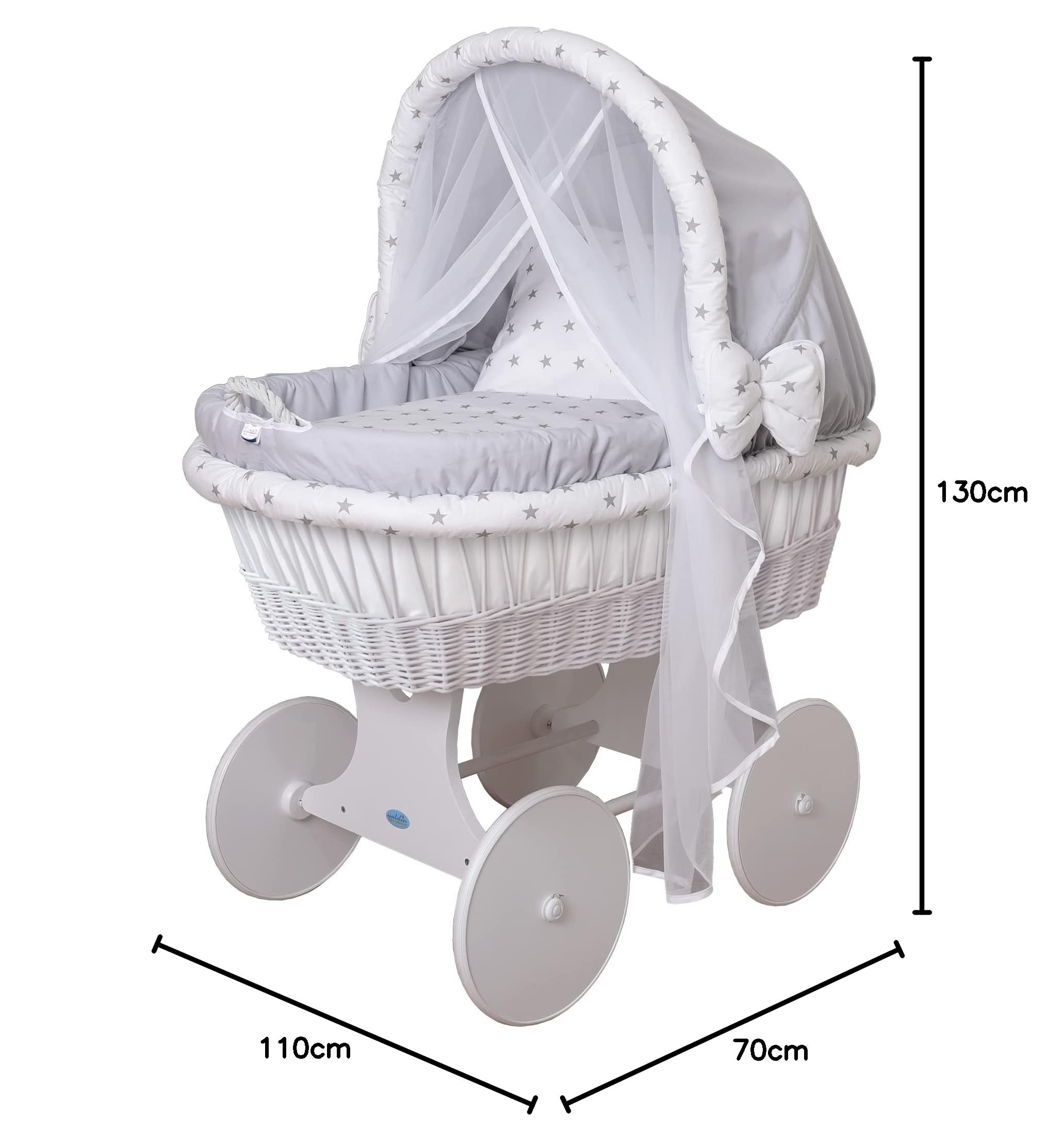 waldin Culla con cappotta,Culla con ruote XXL,IN 26 VARIANTI,telaio/ruote laccato in bianco,colore tessile grigio/stella-grigio