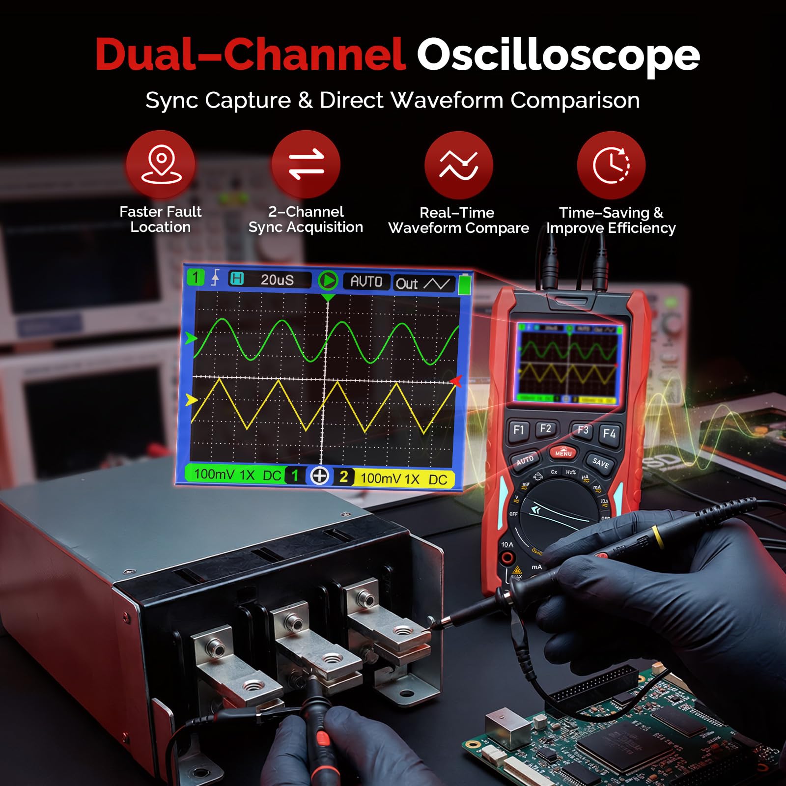 2-Kanal Handheld Oszilloskop, 70MHz Bandbreite, 3-in-1 Digitaloszilloskop Multimeter mit Signalgenerator, 200MSa/s Abtastrate, 20000 Counts, Typ-C Schnellladung, Rot