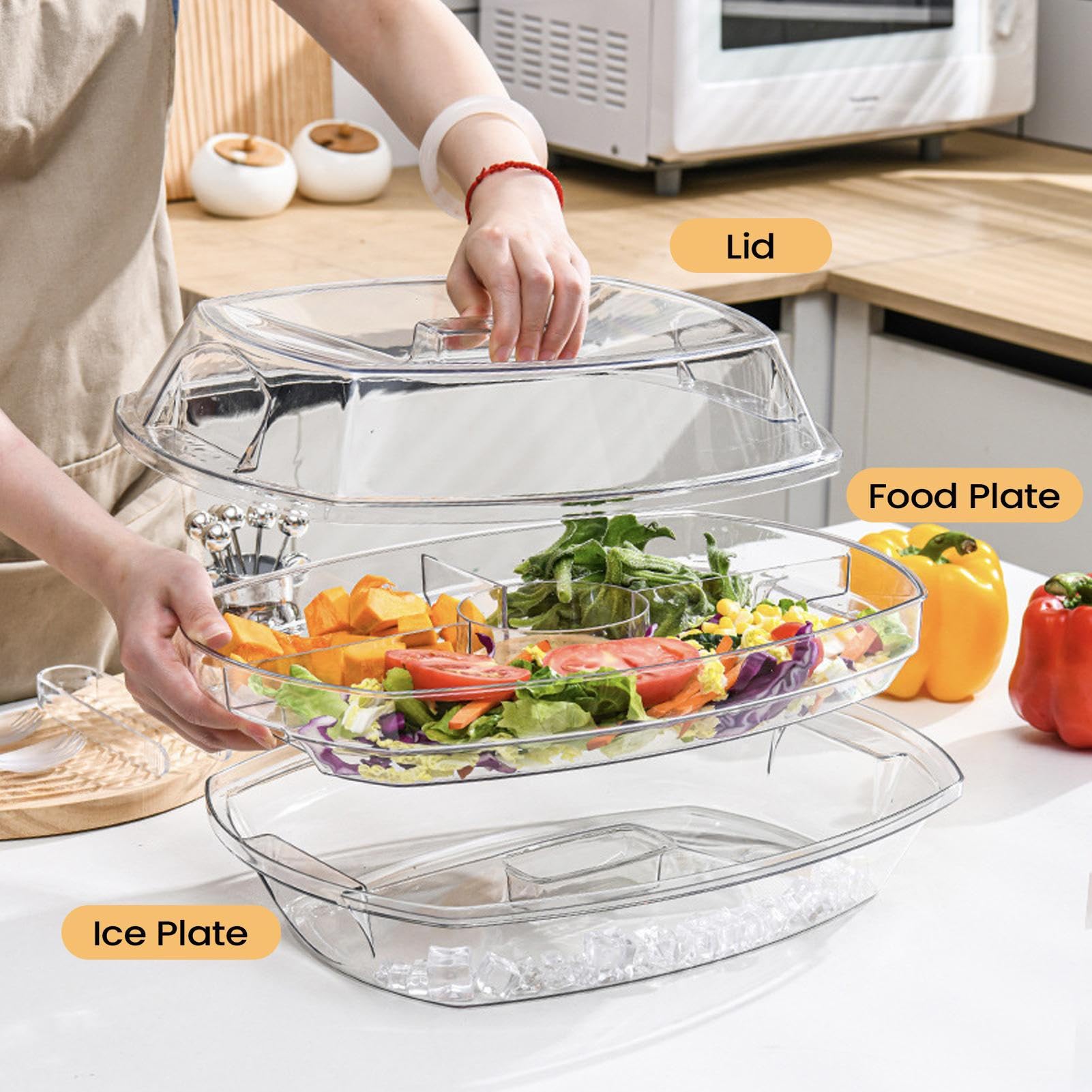 Vassoi da portata freddi per feste, contenitore per ghiaccio con 4 scomparti e coperchio, vassoio riutilizzabile per verdure, per feste, picnic, frigorifero, snack, dessert, frutta, verdura, insalata