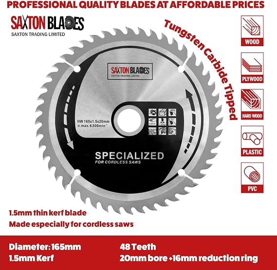 Saxton 165mm TCT Thin Kerf Cordless Circular Saw Blade Pack C Dewalt Makita Ryobi Bosch