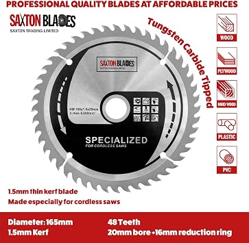 Saxton 165mm TCT Thin Kerf Cordless Circular Saw Blade Pack C Dewalt Makita Ryobi Bosch
