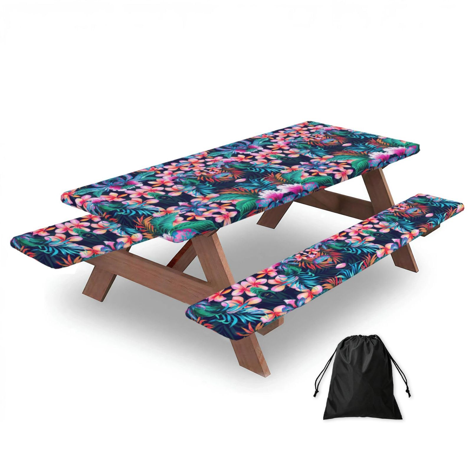Zyjhyy Black Tropical Flowers Print Party Table Covers With Bench Covers Set Of 3 Picnic Table Cloth Wipe Clean For Garden Camping