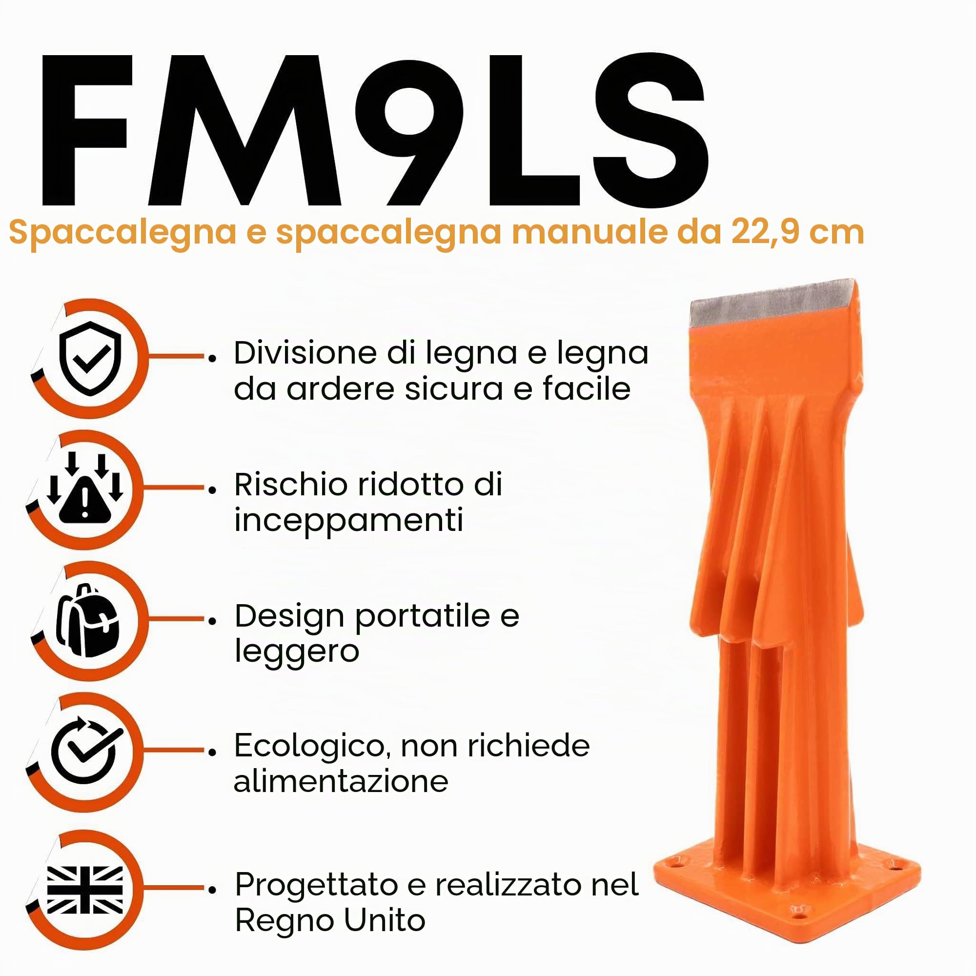 FM9LS - Spaccalegna manuale da 22,9 cm, leggero, portatile e sicuro per spaccare il legno in modo efficiente e preciso, non richiede alimentazione, perfetto per il giardinaggio
