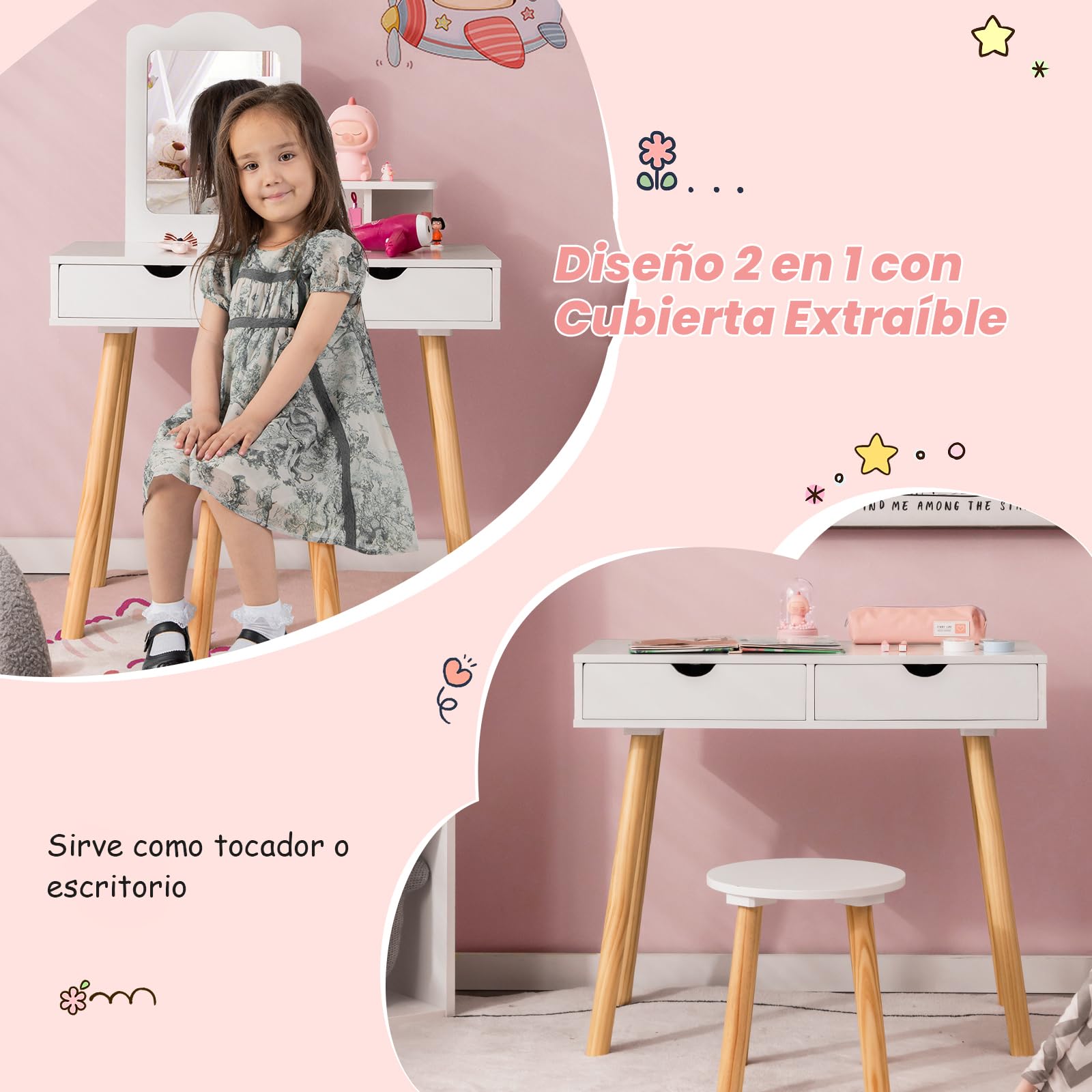COSTWAY Juego de Tocador Infantil Niña, 2 en 1 Mesa de Tocador y Taburete de Madera para Niños con 1 Espejo Rectangular y 2 Cajones Grandes, Tocador de Maquillaje para Niña de 3 a 7 Años,White