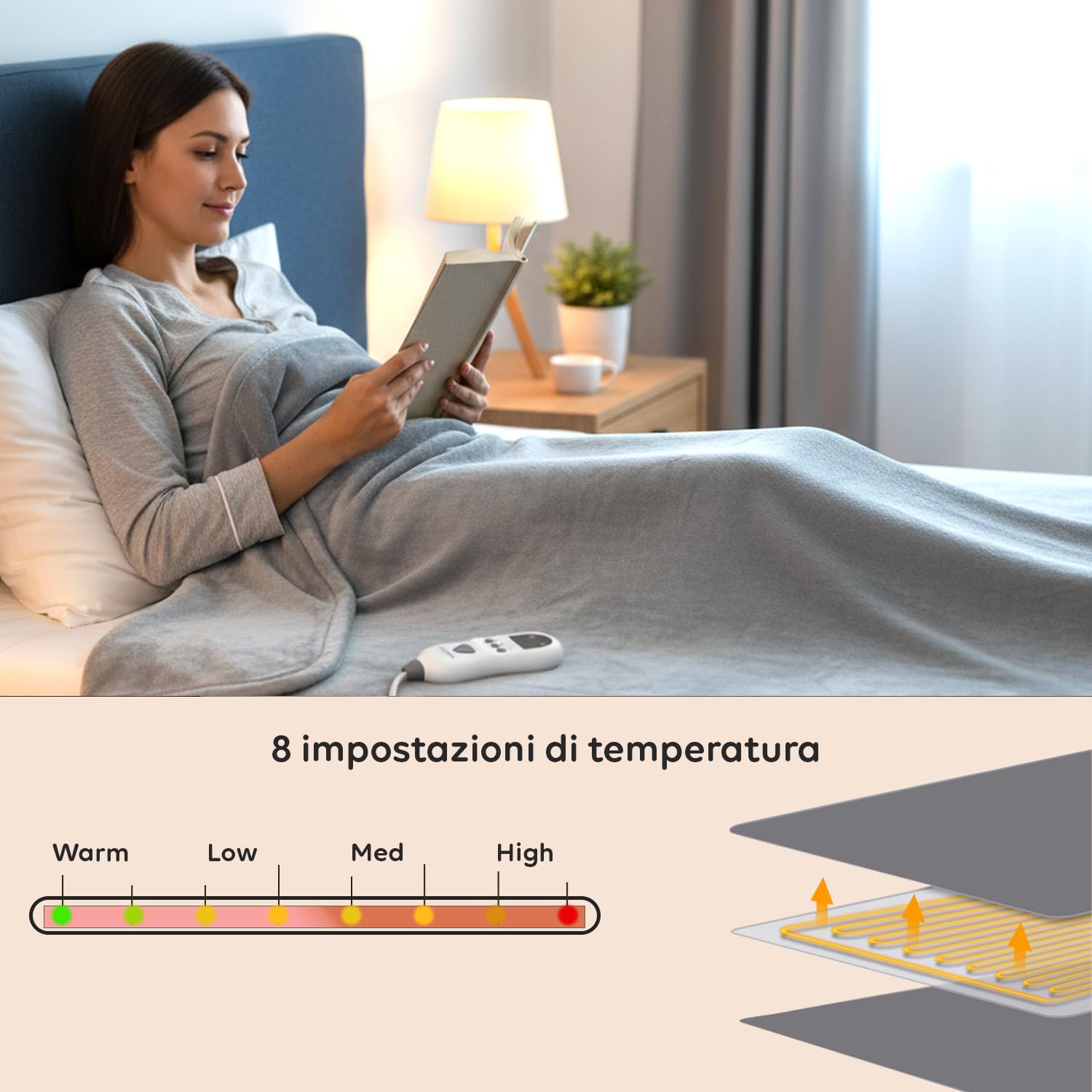 Wintem - Coperta Termica Elettrica Fluffy con 8 Livelli di Temperatura Termocoperta Maxi 160x120 cm in Flanella per Letto e Divano