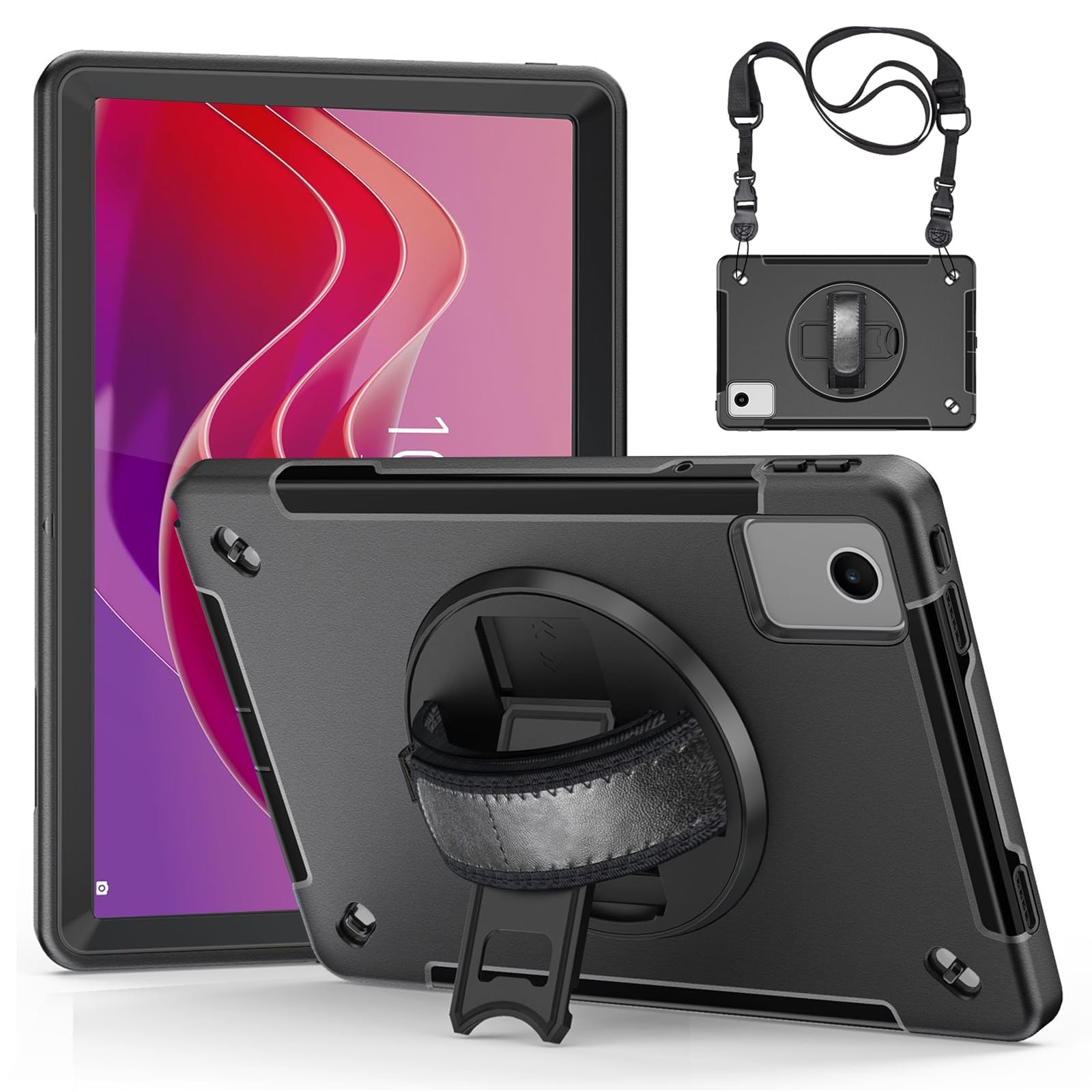 Junfire Case for Lenovo Tab M11 / K11 LTE 11 inch 2024, Shockproof Protective with Screen Protector, 360° Rotating Kickstand, Hand Strap, Pen Holder, Shoulder Strap for Lenovo M11 Tablet Case, Black