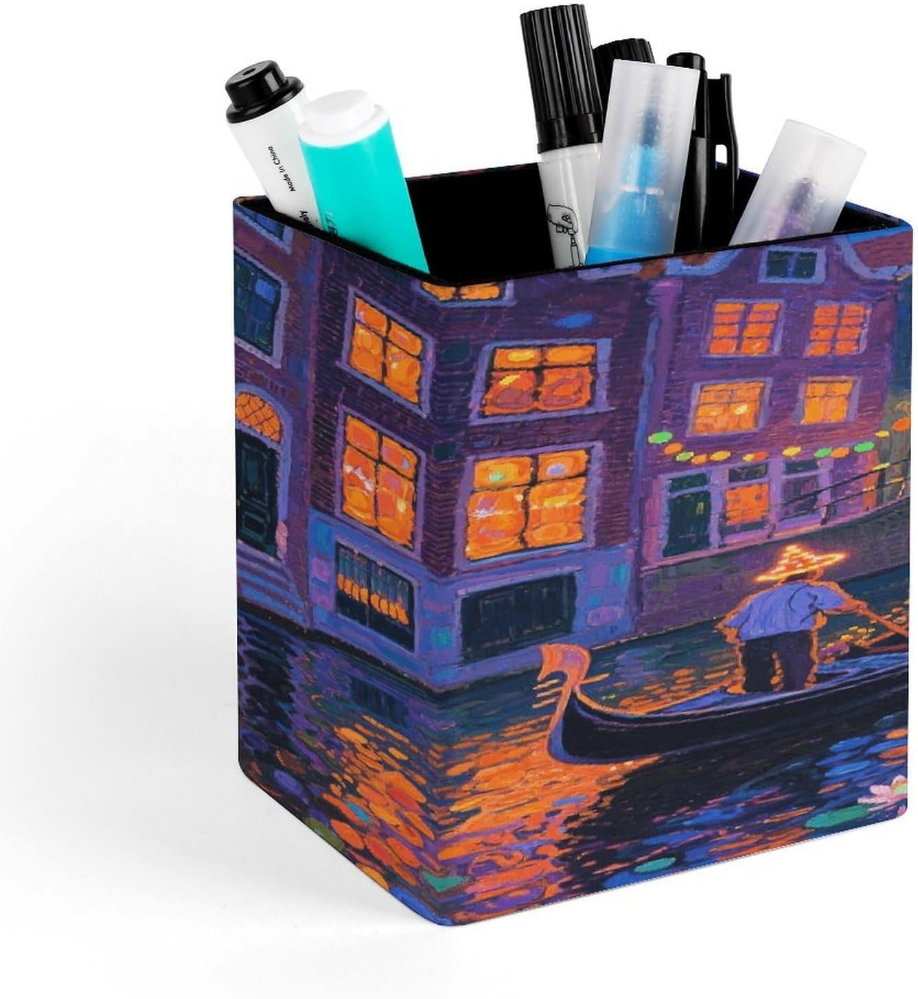 Amsterdam Canal Lights PU Leather Pen Holder Square Desktop Organizer Waterproof & Non-slip Office Supply Storage Box for Home Vanity Professional Workspace