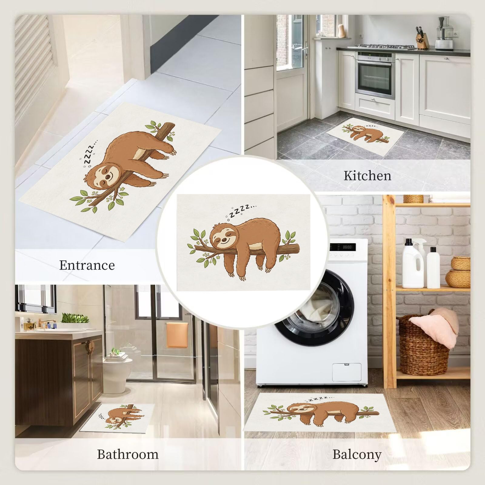 90X150Cm Zerbino Ingresso Interno Antiscivolo Assorbente, Tappeto Microfibra Sottile Lavabile Con Locandine Di Animali Cartone Animato Bradipo Dormiente Rami Per Cucina Bagno Porta Animali, Beige