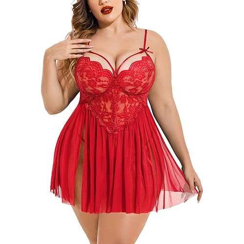 Avidlove Plus Size Lingerie Lace Babydoll Womens Strap Chemise Nightgown V Neck Nighty Mesh Sleepwear Side Slit Nightdress