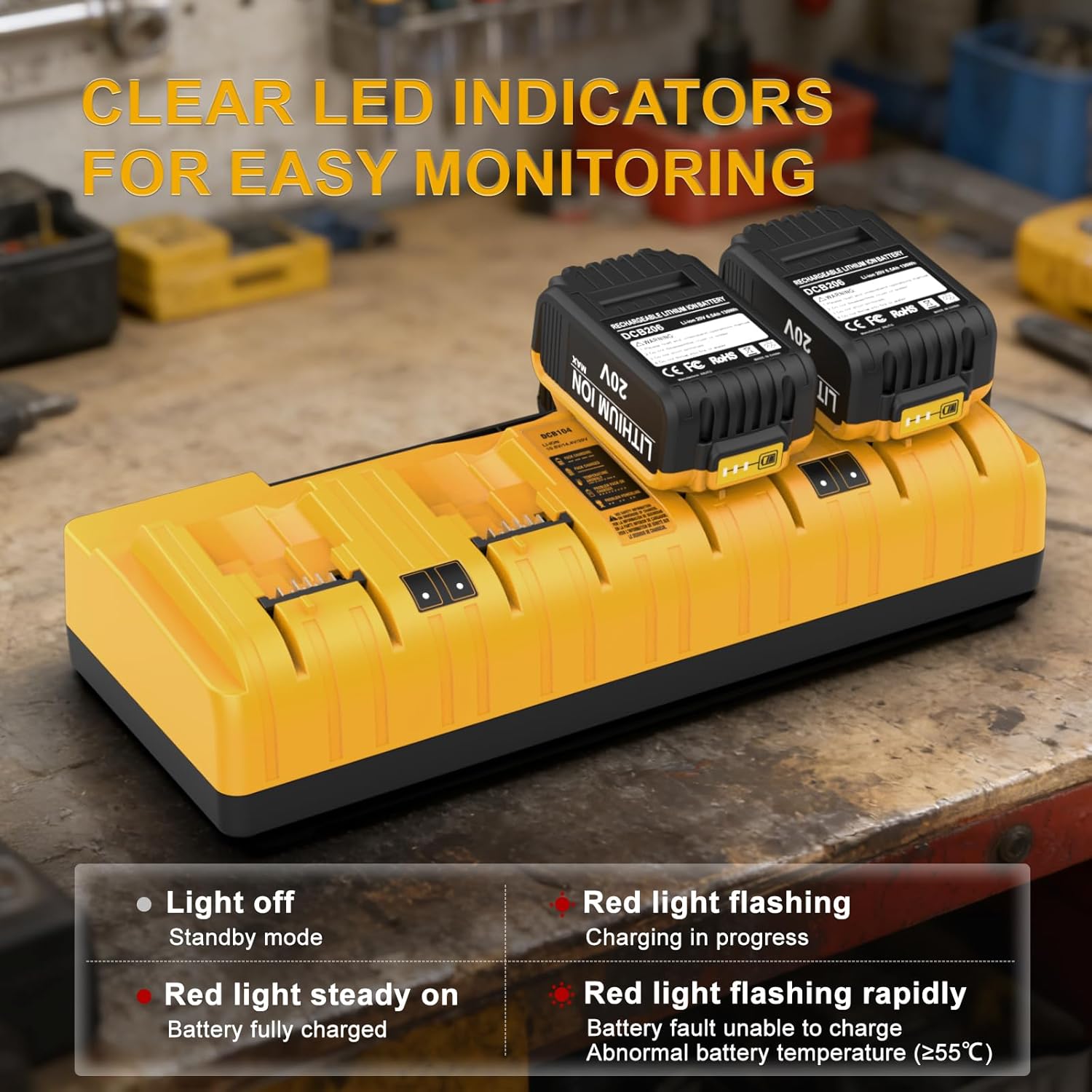 DCB104 4 Port Fast Charger Replacement for Dewalt Battery Charger, Multi Battery Charger Station Compatible with Dewalt 12V 20V Batteries with LED Indicator - Image 3
