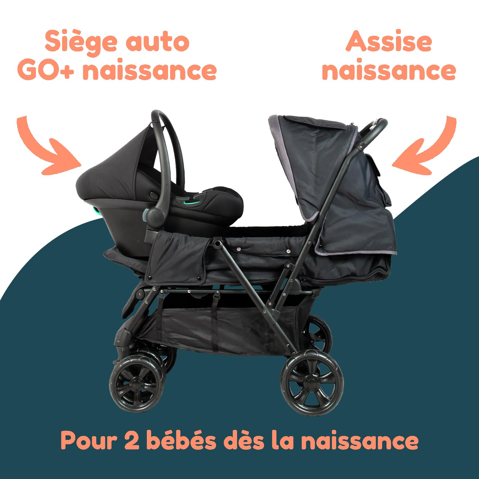 Passeggino gemellare doppio - BAMBISOL - Passeggino doppio combinato + Seggiolino auto I-size - 4 ruote - Nero