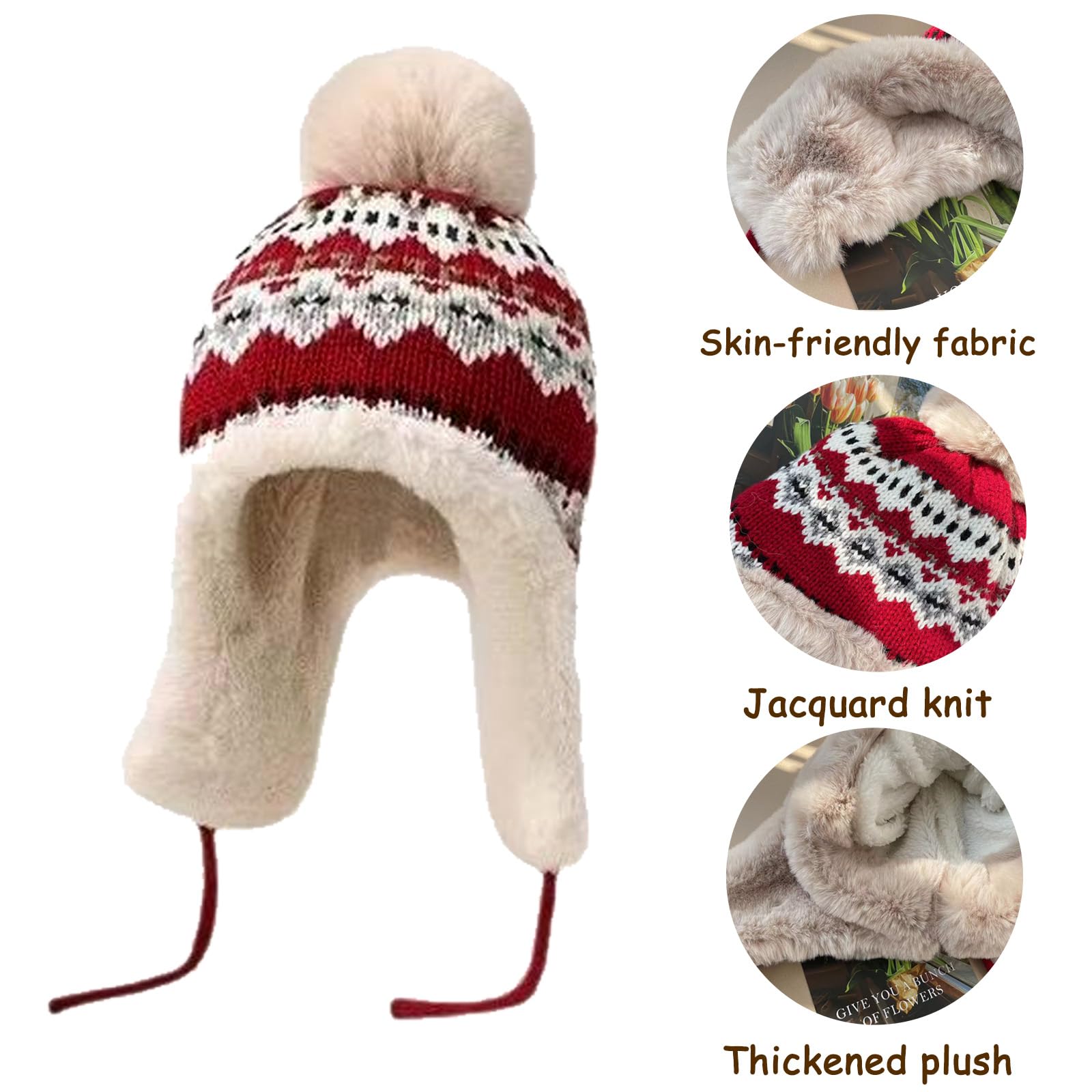 Bonnet Russe, Chapka d'hiver Bonnets de Trappeur Femme, Ushanka Bonnet Cache Oreille Femme, Chapeau de Trappeur Épaisse, Coupe-Vent Casquette Hiver avec Protège-Oreilles pour Temps Froid