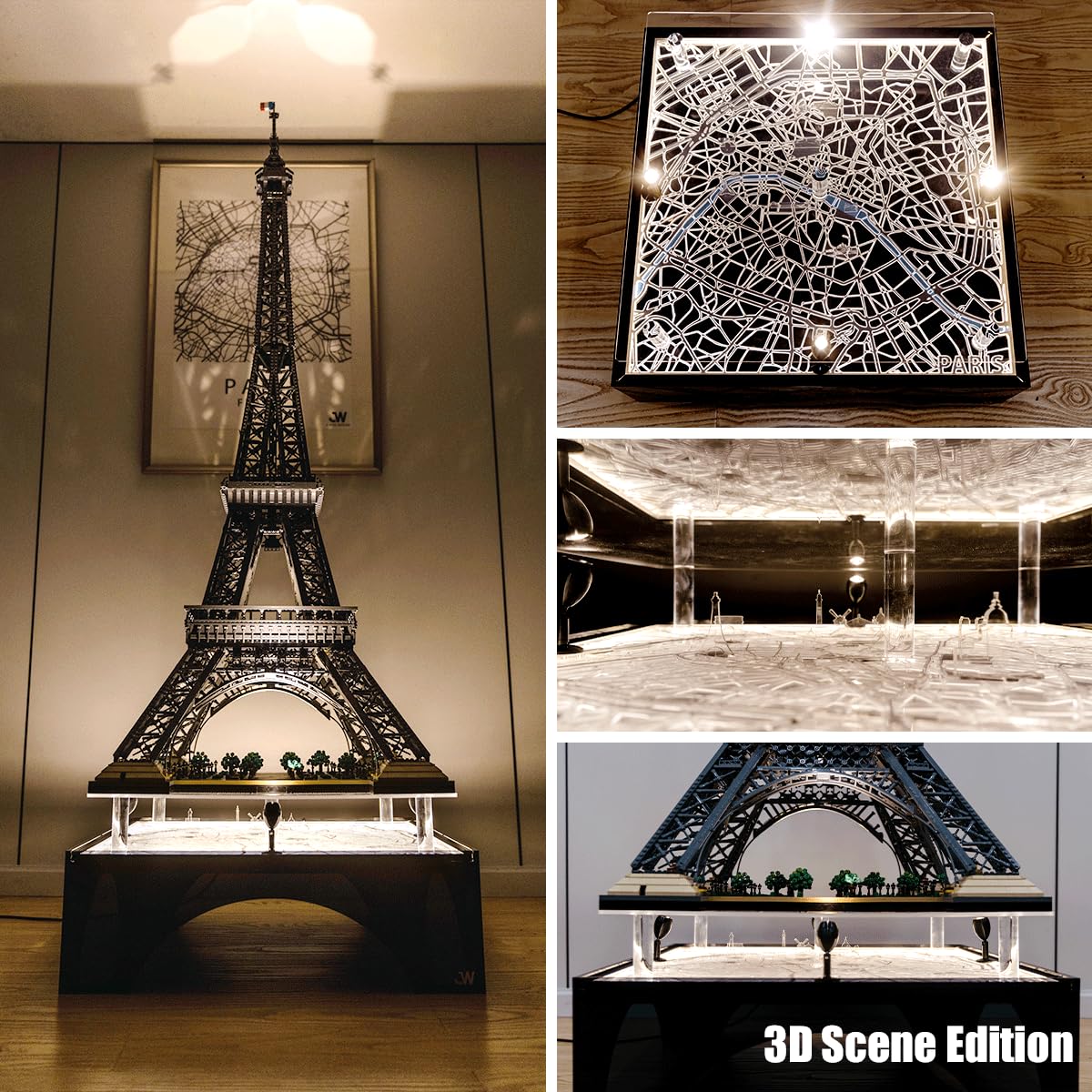 J.WOO Studio Premium stojak ekspozycyjny LED do Lego 10307 Wieża Eiffla (pasuje do 10001 szt., model 59 cali), akrylowy stojak kolekcjonerski z czterostronnymi reflektorami i ekskluzywną grawerowaną