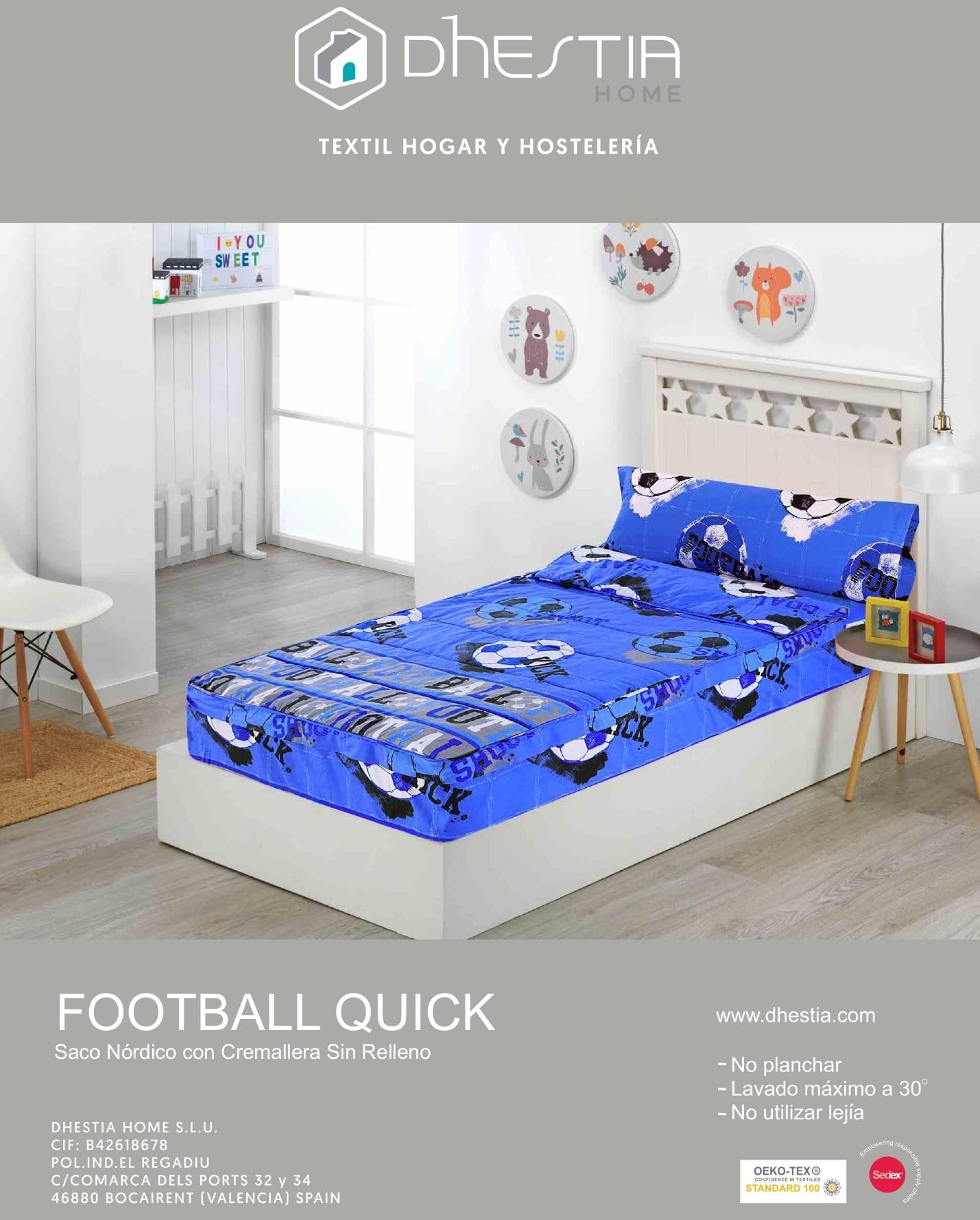DHESTIA HOME Saco Nórdico Ajustable con Cremallera Fútbol Quick para Cama 90 Infantil y Cama 105 Color Único Talla Cama 90