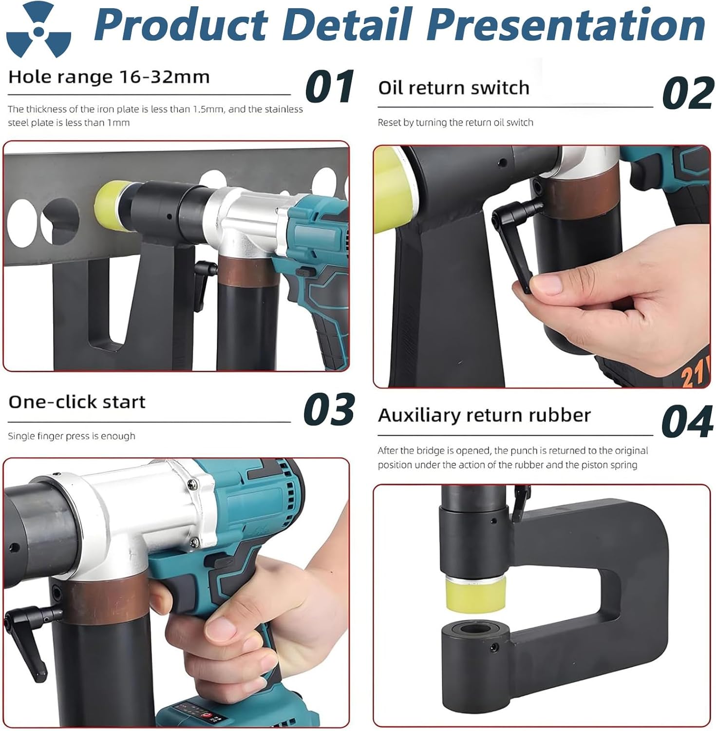 Electric Hydraulic Hole Puncher Hydraulic Metal Hole Punch Machine Cordless Hydraulic Hole Punch for Punch Holes in Steel Iron and Aluminum Plate with 6 Molds