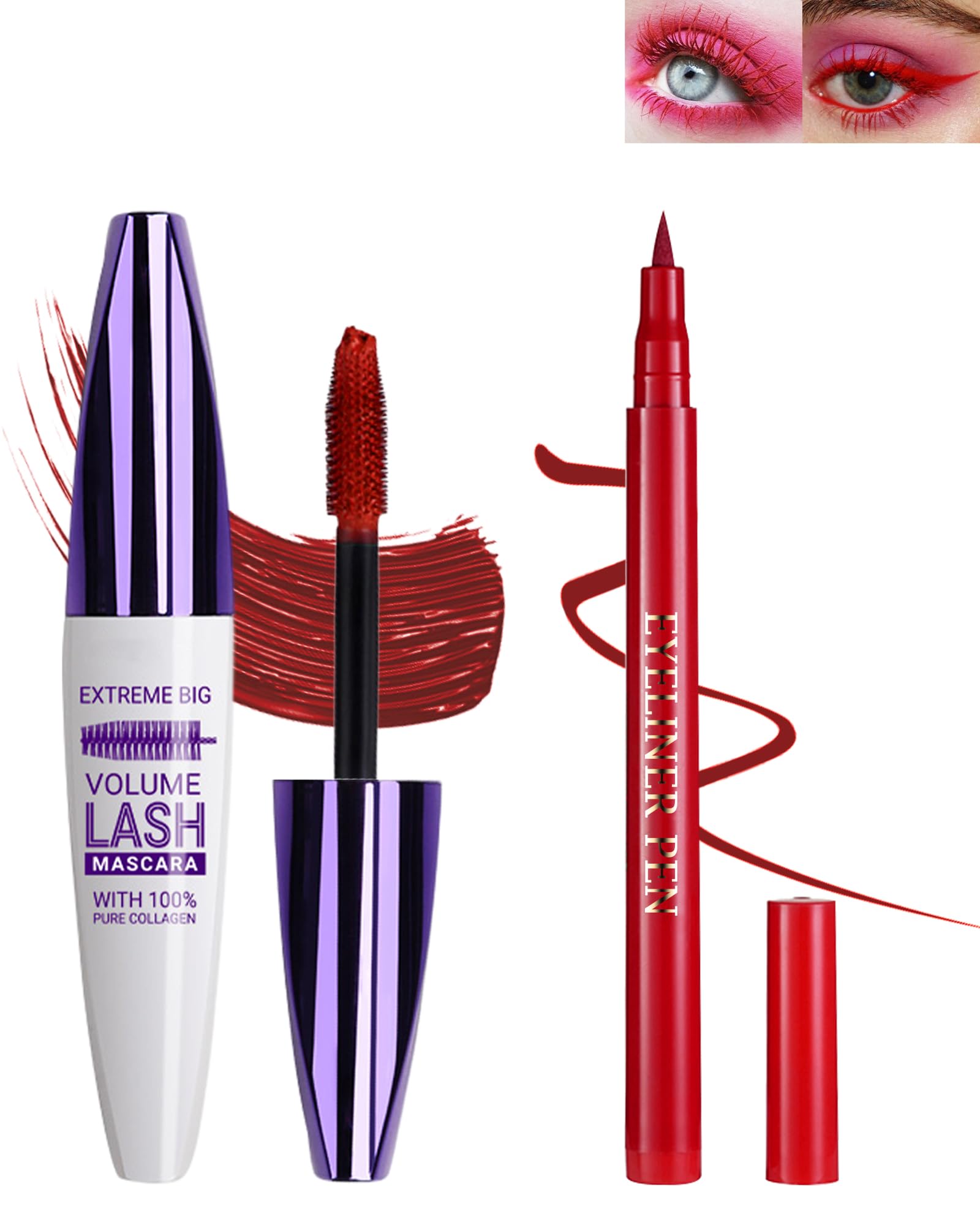 Red Waterproof Mascara & Eyeliner Set, 5D Silk Fiber Liquid Lash Extensions Colored Tubing Mascara Volume and Length