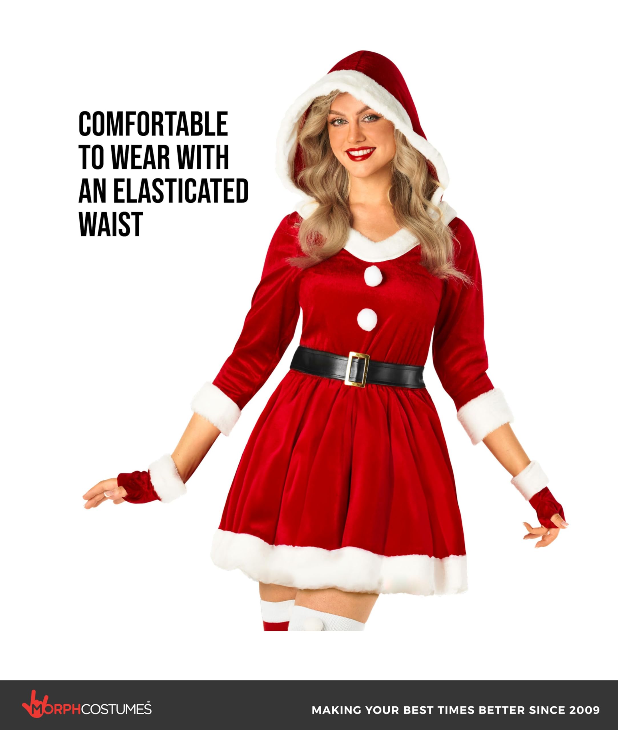 Morph Deguisement Mere Noel Femme, Costume Noel Halloween Femme | Robe Rouge à Capuche, Ceinture, Mi-Gants & Bas, Tenue de Noël Complète, Parfait pour Halloween, Idéal pour se Déguiser