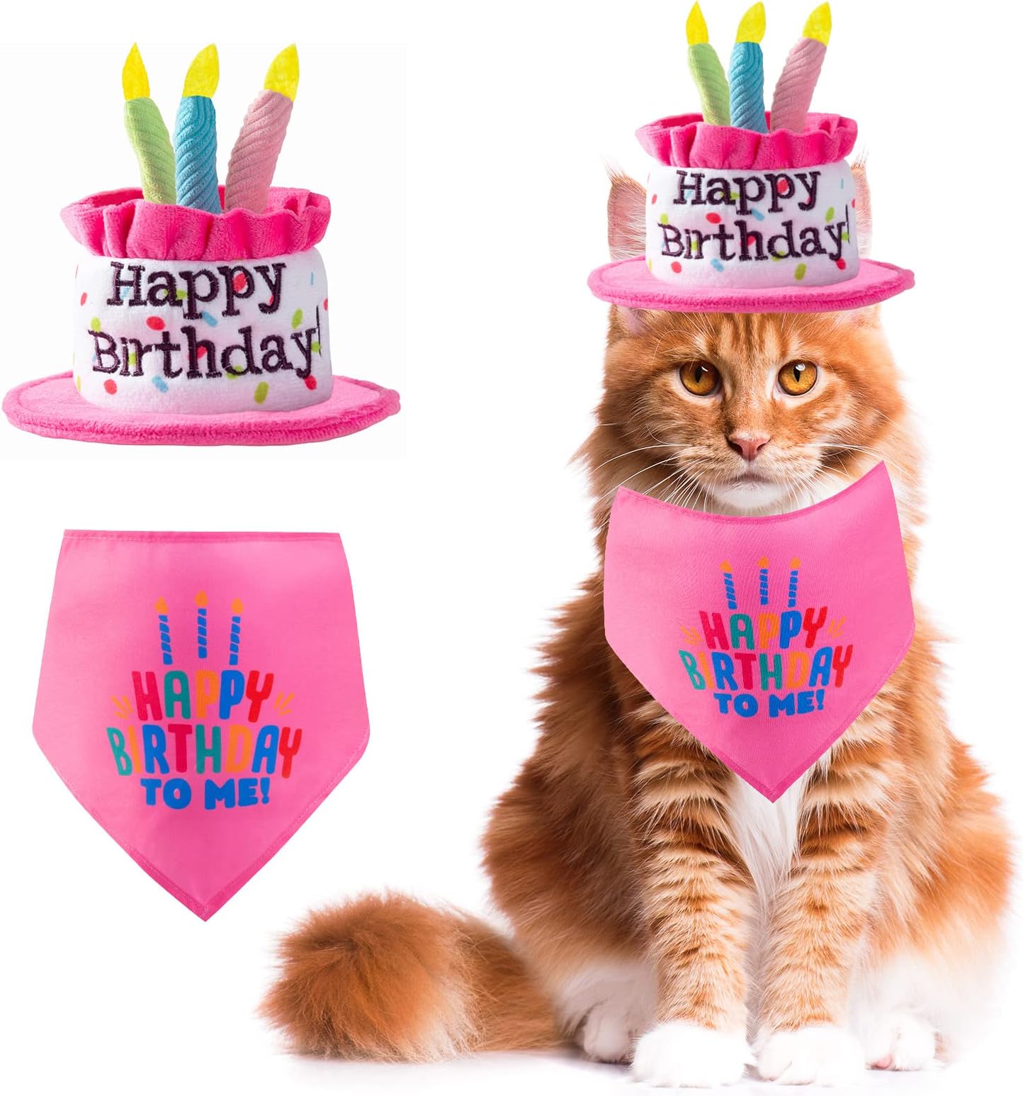 Ushang Pet Cat Happy Birthday Hat with Colorful Candles, Pink Cat Birthday Cake Hat & Birthday Bandana Scarfs Set for Small Animals, Cat Birthday Party Decorations