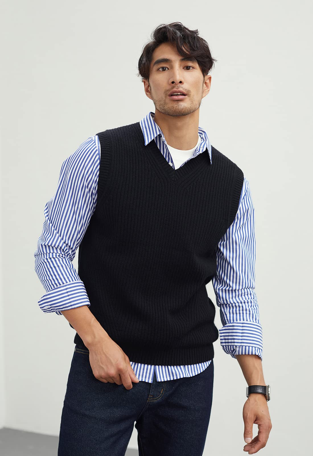 Pull en tricot à col en V uni sans manches pour homme Coupe ample