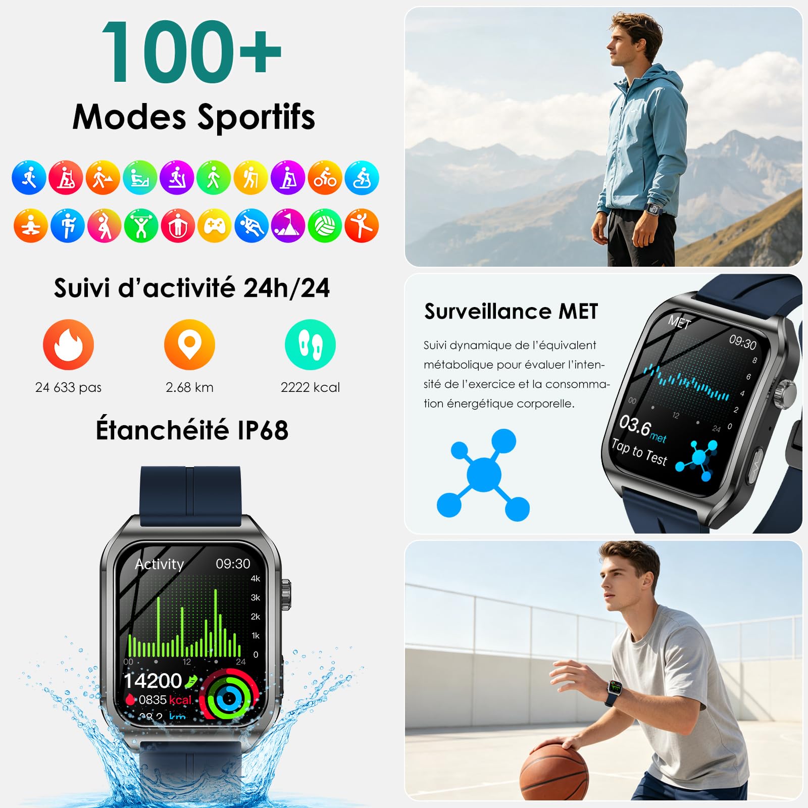 Marsyu Montre Connectée Homme ECG/IMC/HRV/Tension Artérielle IP68 Étanche