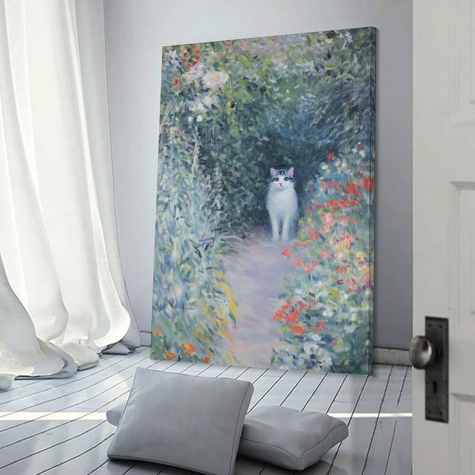 Junmoney Canvas Wall Picture White Cat in Garden, 24x36inch(60x90cm), for Calm Bedrooms, Home Corners Or Flats, Decorative Wall Art for Cosy Rooms